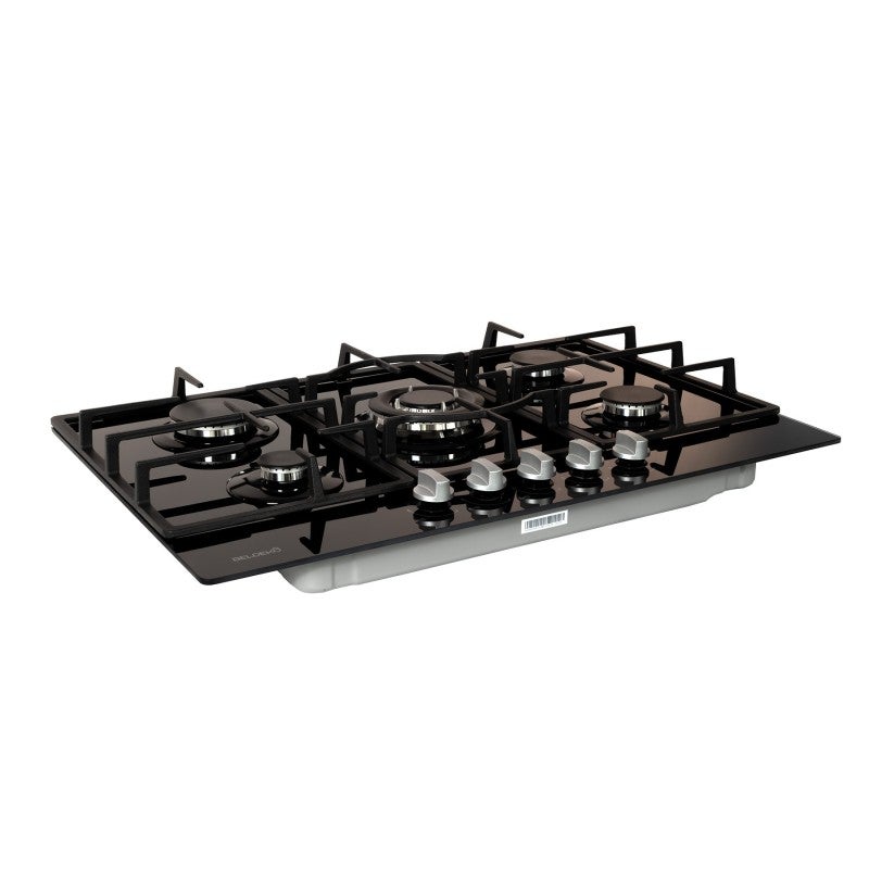 Plaque gaz 5 feux en verre noir - Brûleurs et grilles en fonte - 10 800 Watts encastrement 56x49 cm - 9