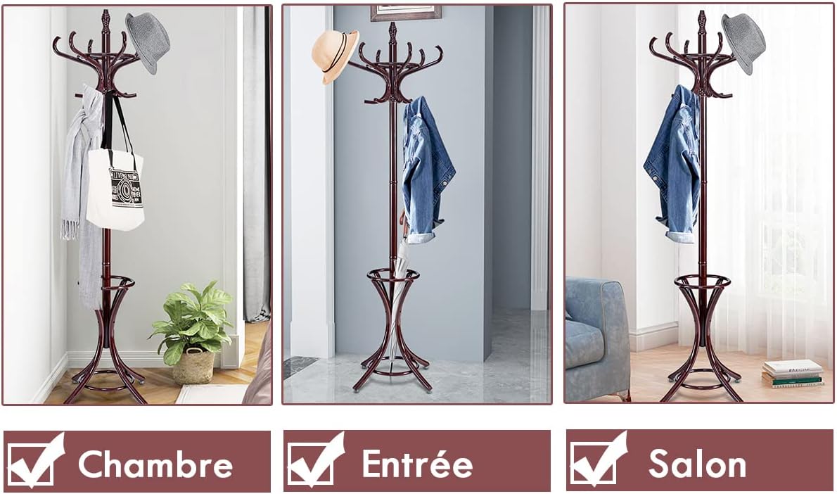 Porte Manteau sur Pieds avec 12 Crochets en Bois Massif, Base à 4 Pieds Stable, Portant à Vêtement pour Manteaux Chapeaux Parapluie, 51 x 51 x 184 CM - 4