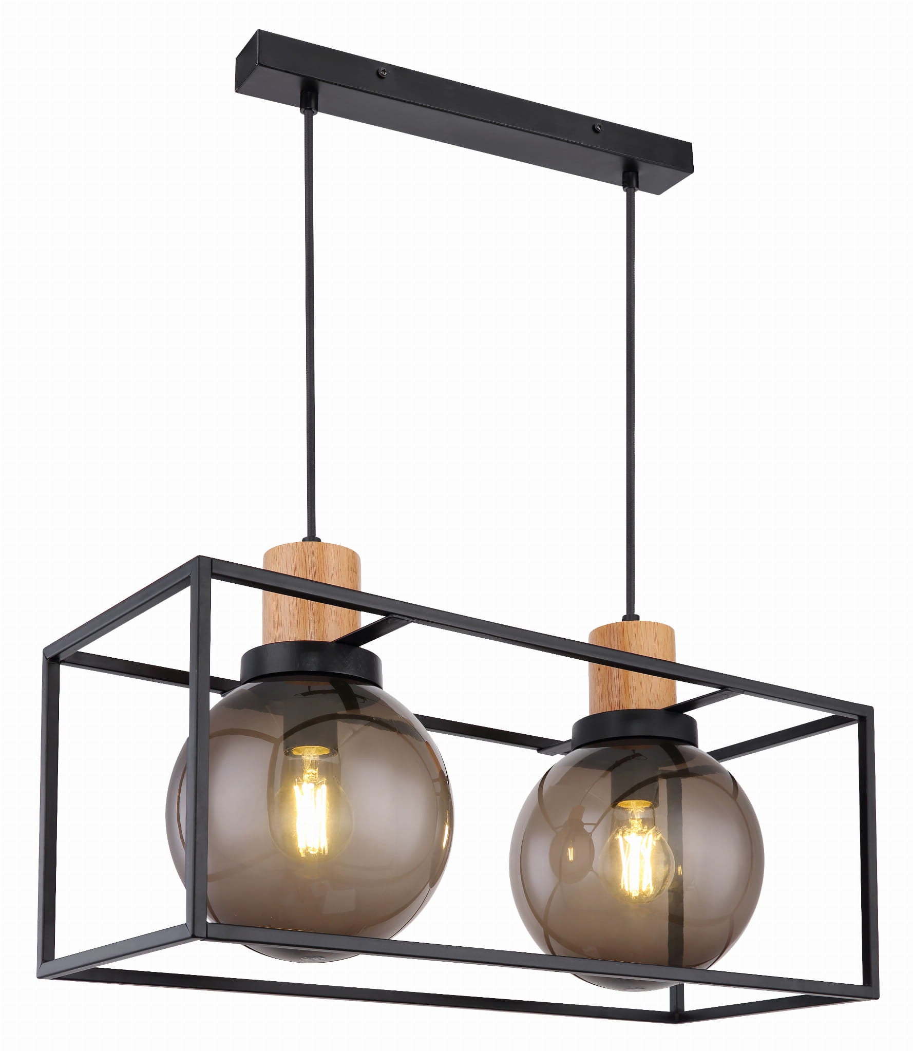 Lampa sufitowa wisząca Retro czarna-dymiona-jasne drewno 2xE27x40W retro wym: 90 x 42 x 20 cm szkło Candellux