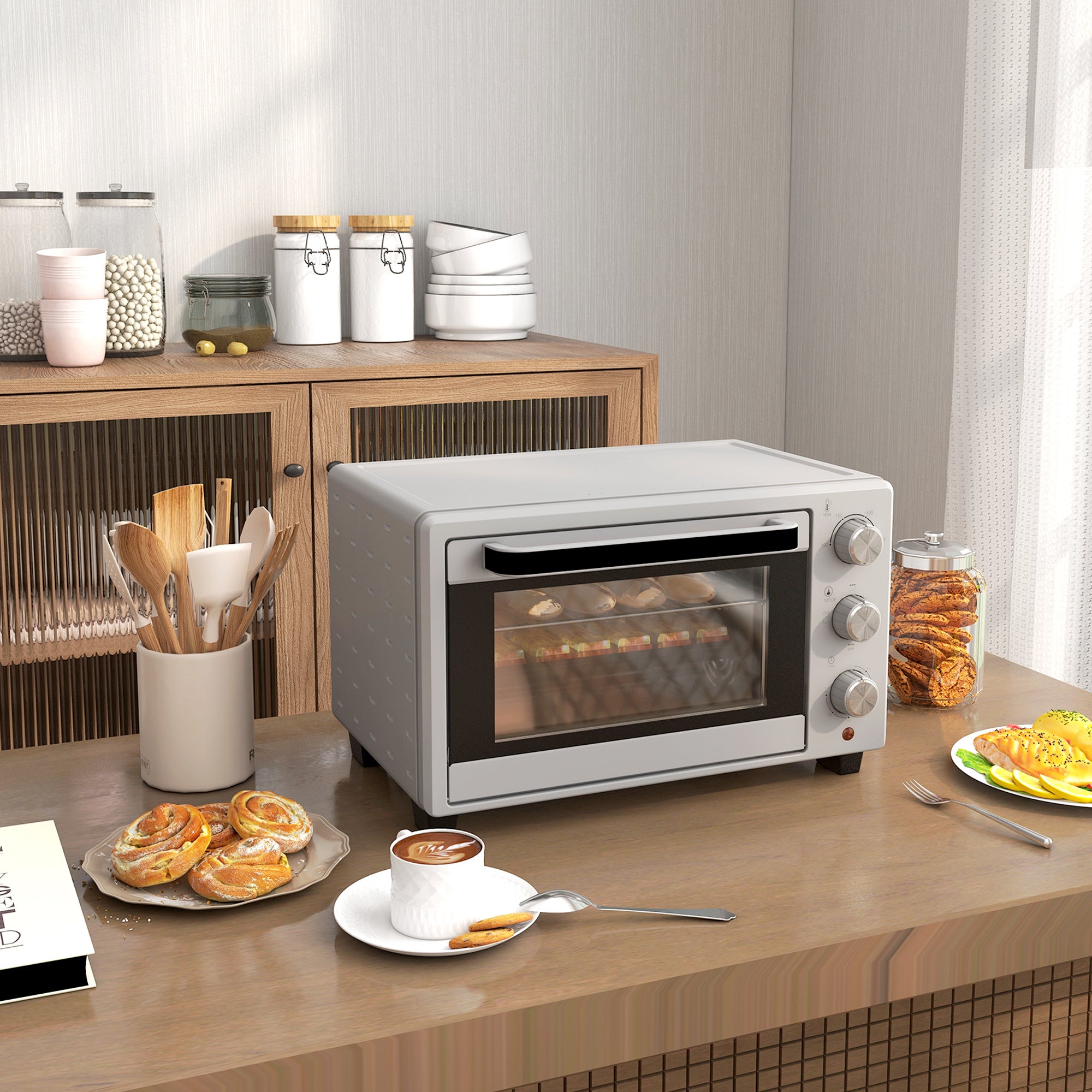Homcom Horno Eléctrico Metal, Vidrio Templado Plata 46X38.5x29 Cm Plateado , Leroy Merlin