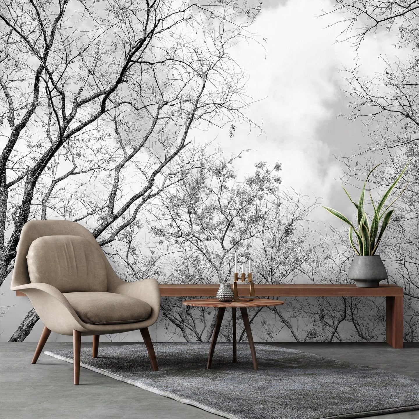 Papier Peint Intissé Panoramique Noir et Blanc Arbres 368x254 cm - Colle Inclus - Chambre et Salon - Moderne Trompe l'oeil - 2