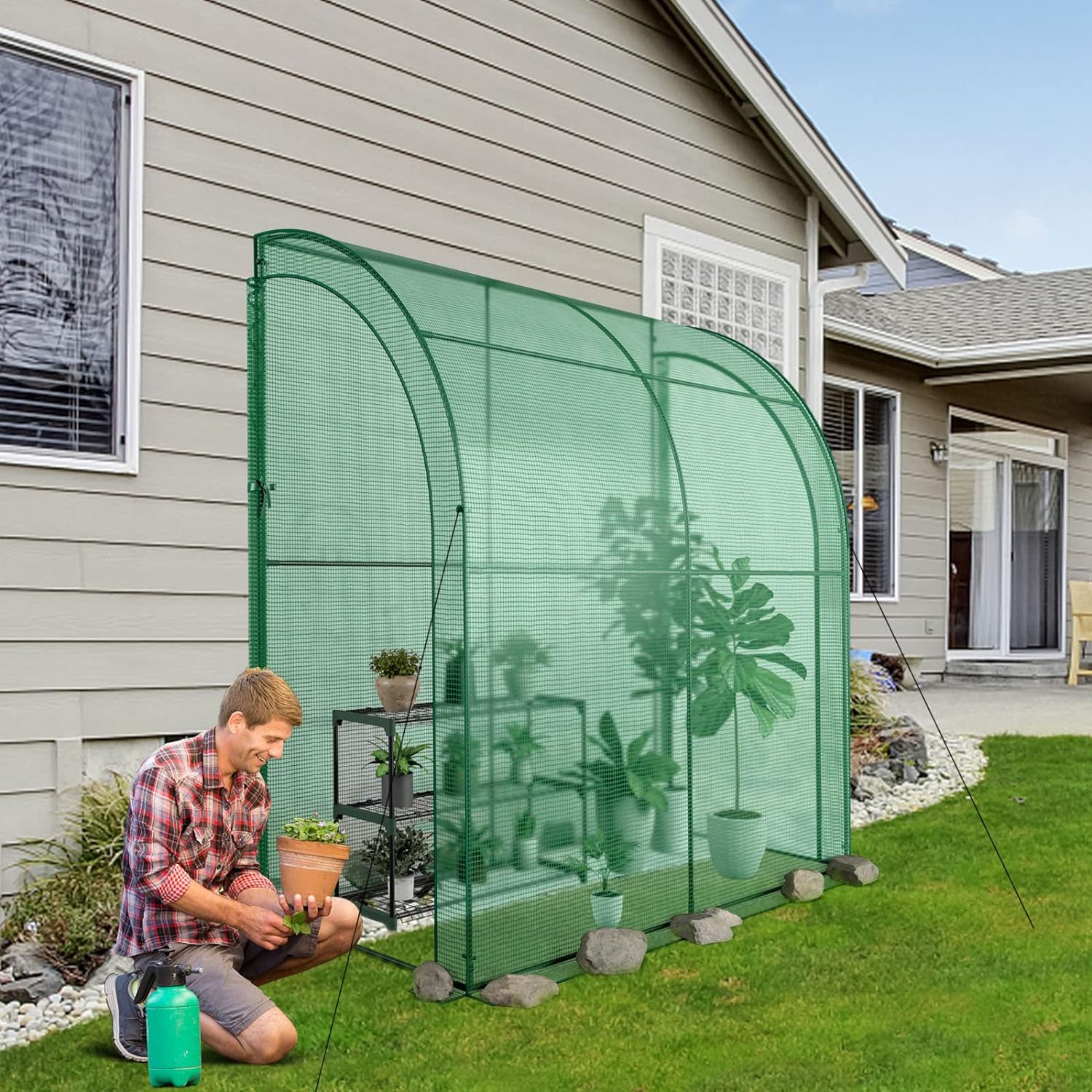 Serre de Jardin Métal 200x100x215 cm, Étagère à 3 Niveaux, Serre Inclinée Accessible en PE, Abri de Jardin Extérieur avec Portes, Gris - 8