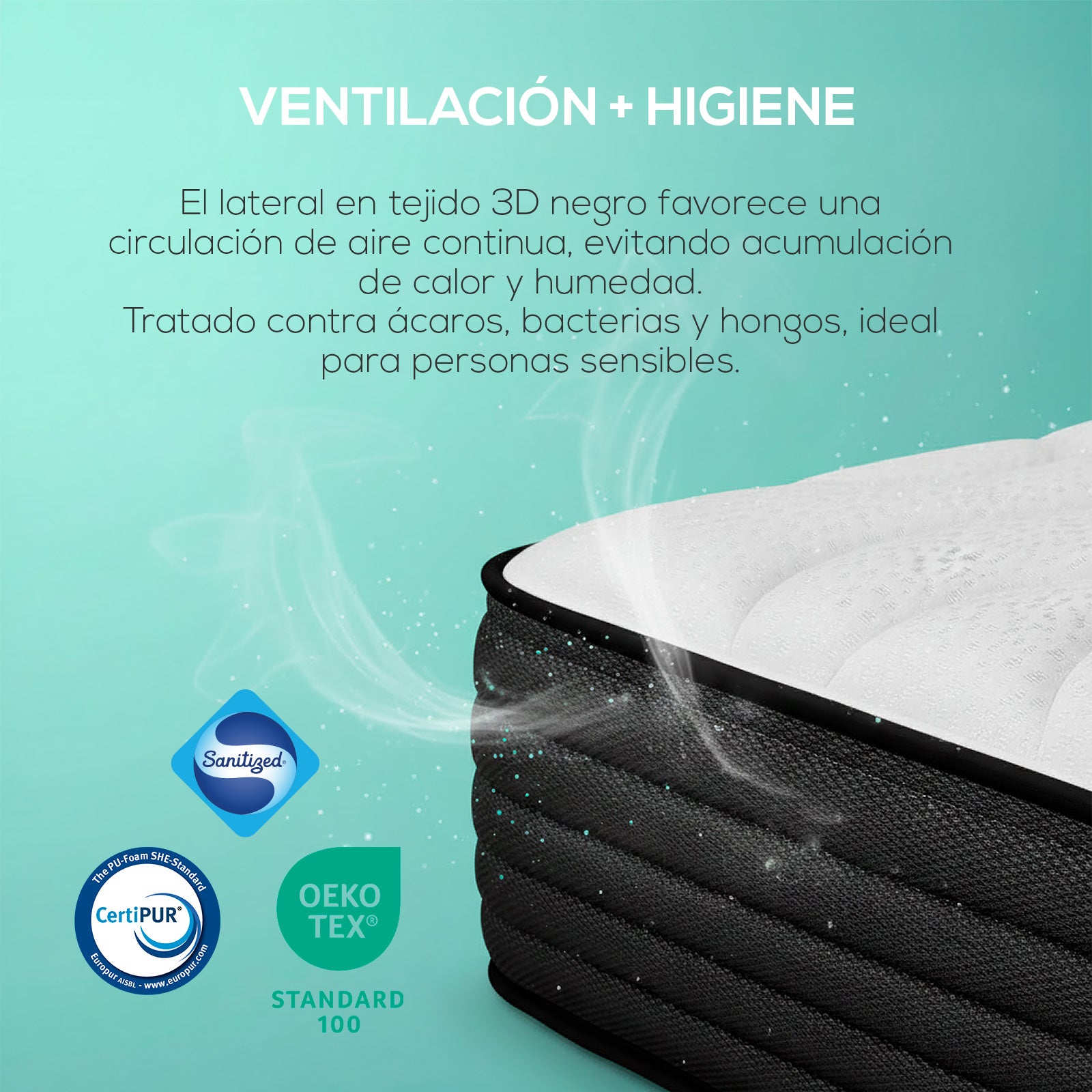 Colchón Juno 90x190 cm Viscoelástico - Reversible - Firmeza Media-Alta - Grosor 20cm - Antiácaros, Antibacterias e Hipoalergénico - 4