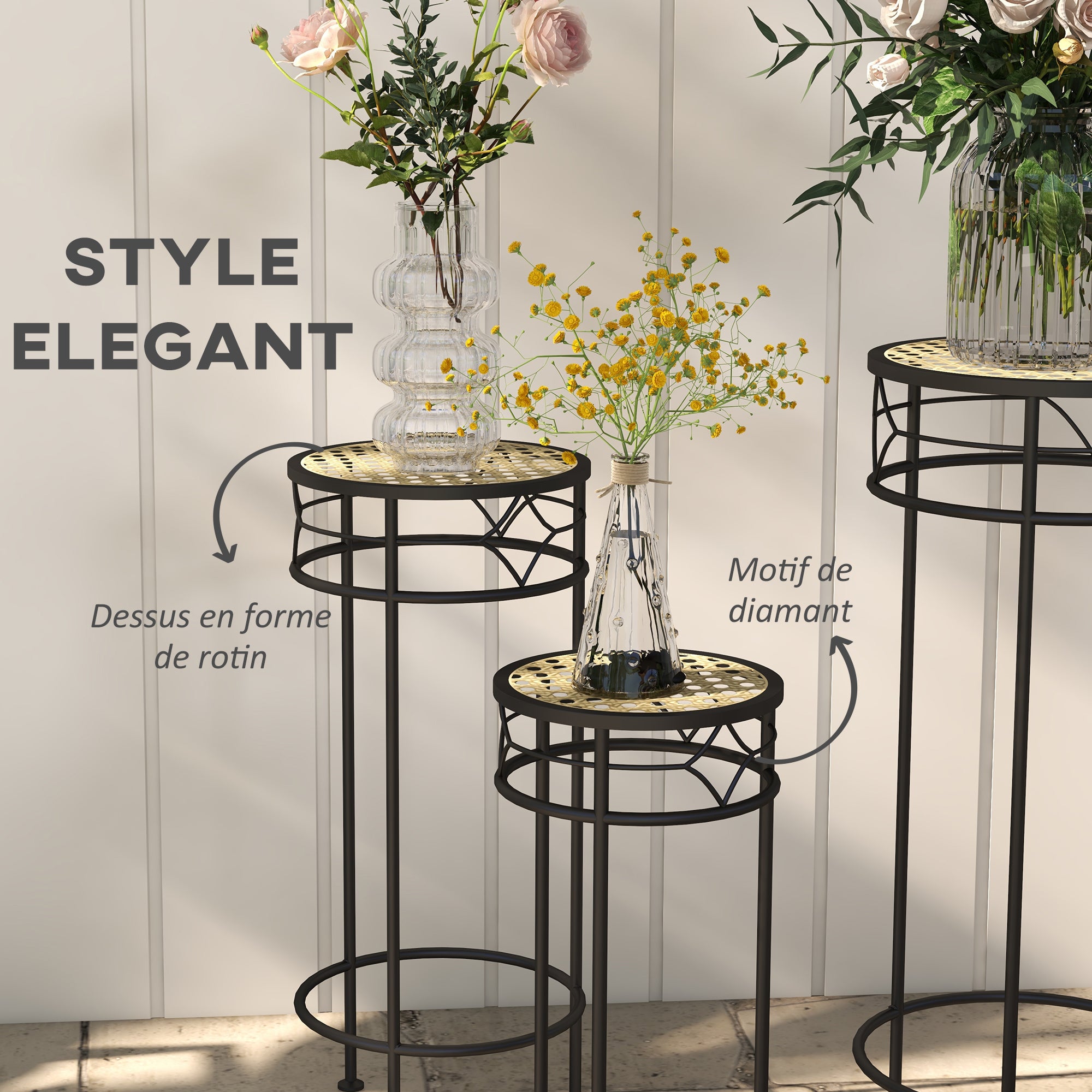 Lot de 3 supports pot de fleurs supports pour plantes ronds étagère à fleurs empilables - plateaux aspect rotin - 8