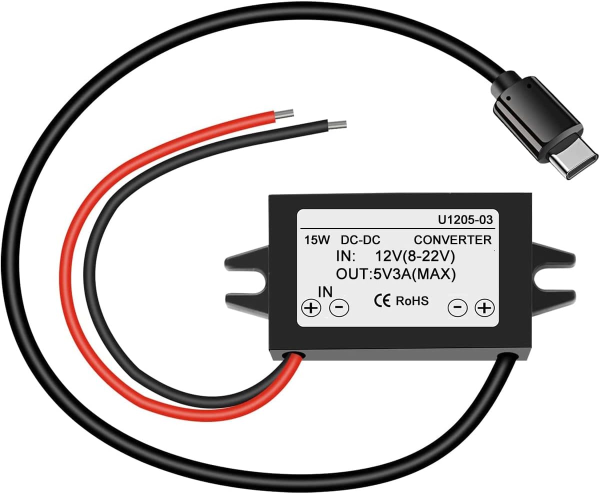 1-częściowy wodoodporny konwerter 12 V na 5 V 3 A, kompatybilny z USB typu C, moduł zasilania DC-DC Step-Down