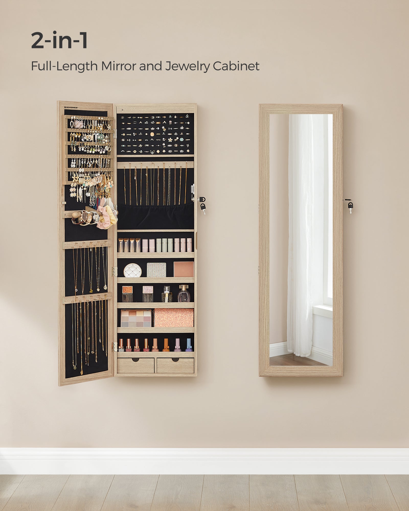 Armoire à Bijoux, Placard à Accessoires, avec Miroir, Divers Compartiments, Verrouillable, Couleur Chêne - 6
