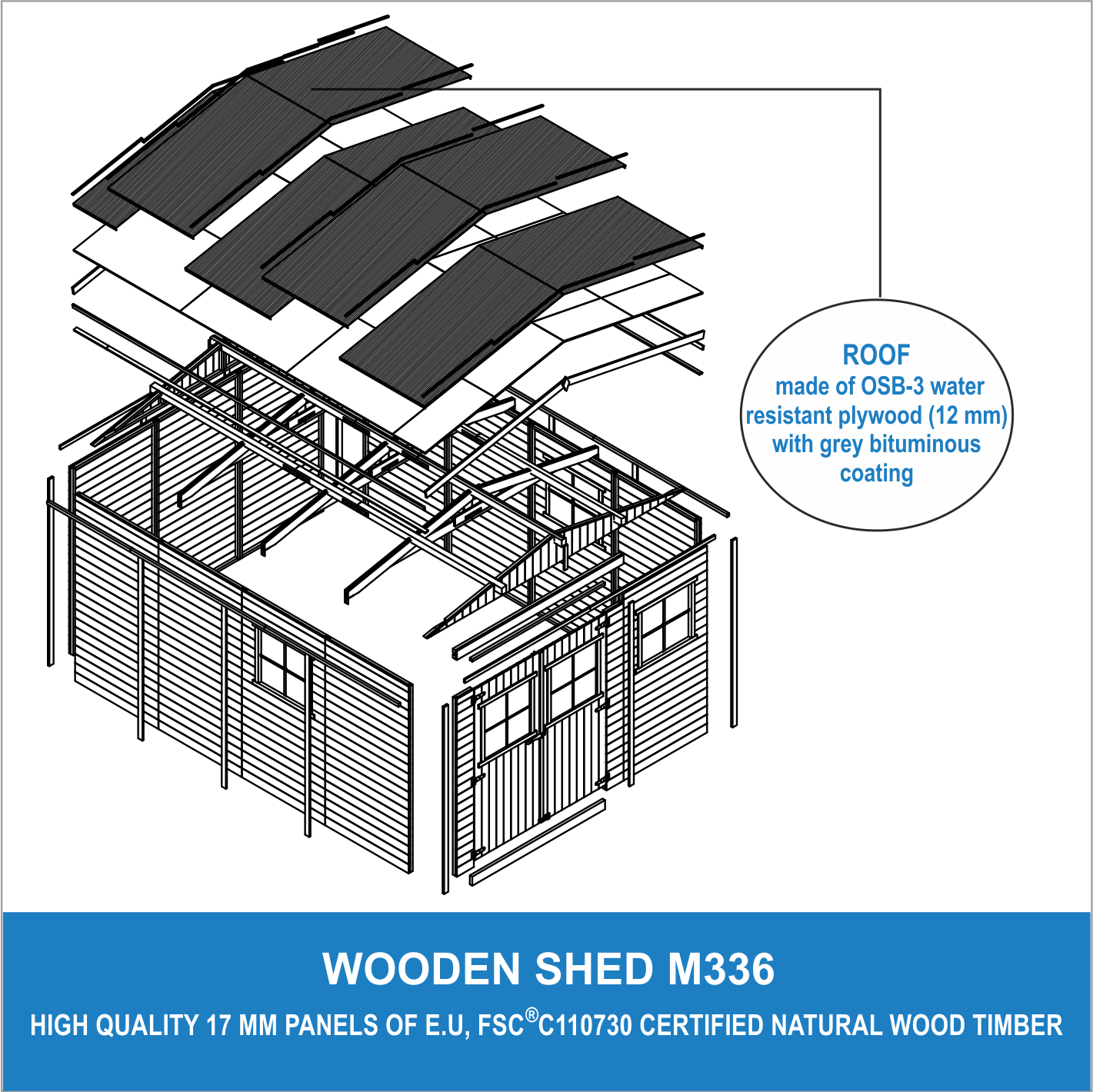 Abri de Jardin en Bois Naturel - Stockage extérieur avec fenêtres- H226x324x416 cm/12 m² hangar en bois naturel - TIMBELA M336 - 4