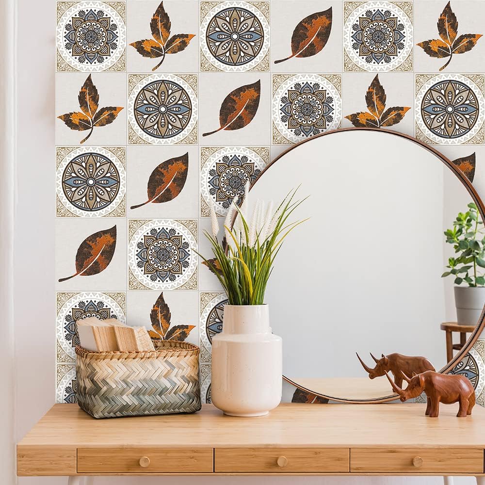 Naklejki na płytki retro do łazienki i kuchni DIY, olejoodporne, samoprzylepne, PVC, dekoracja w stylu marokańskim, brązowe liście klonu (20,15 x 15 c - 4