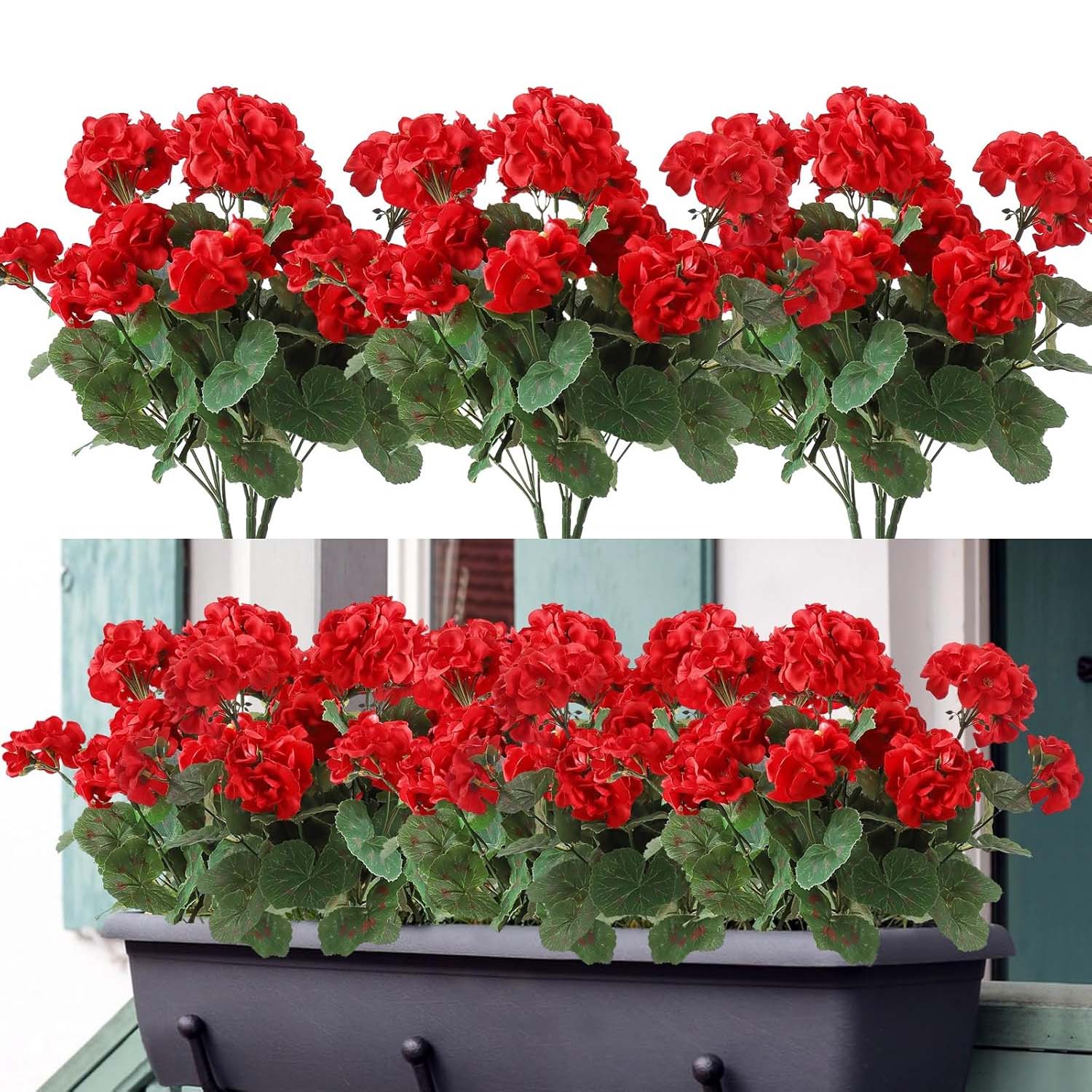 Dophinena Confezione da 4 gerani artificiali in seta, fiori pieni di geranio, colore rosso, per casa, giardino, matrimonio, decorazione per interni ed esterni (rosso, confezione da 4