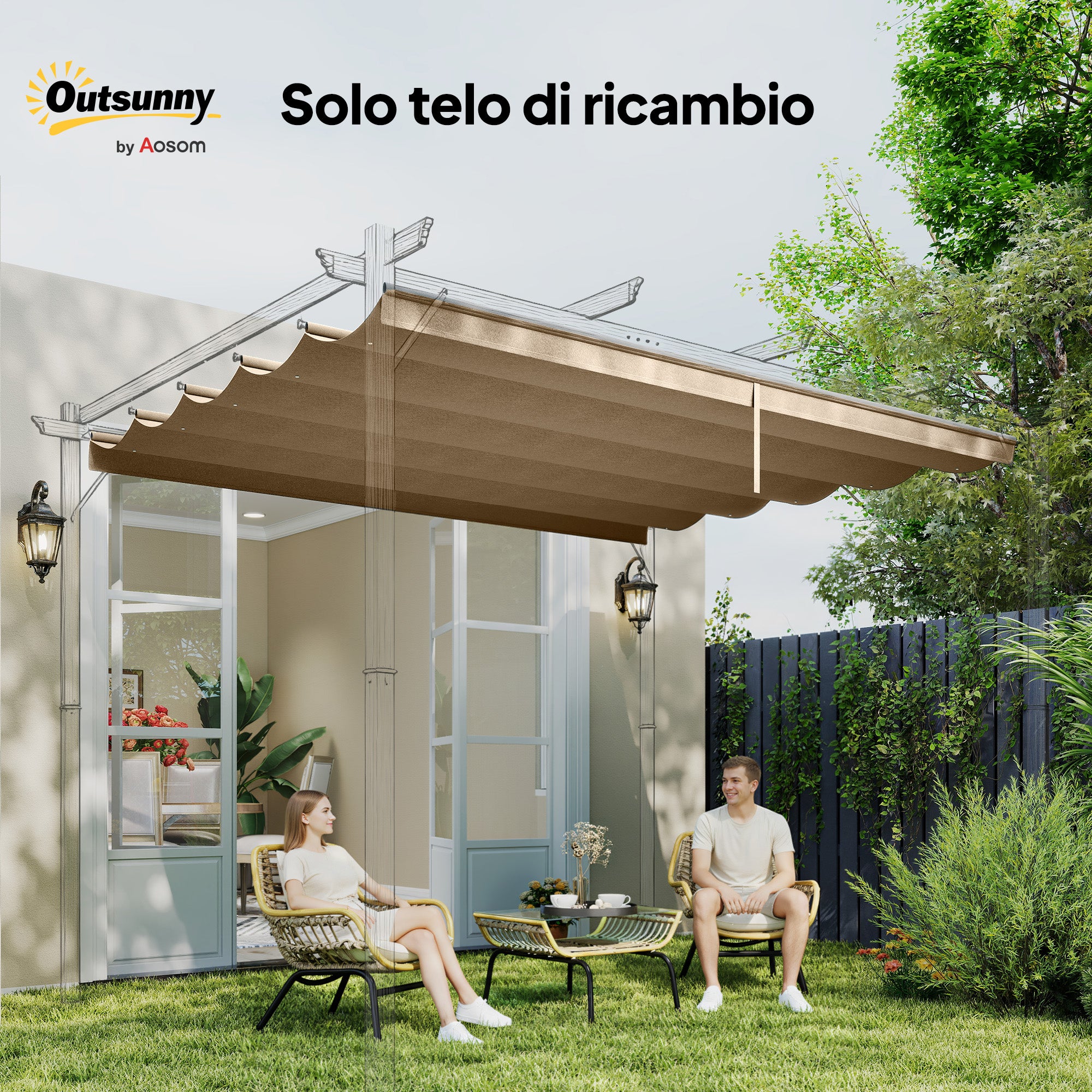 Techo de pérgola con 10 orificios de drenaje, poliéster 250x255 cm para 3x3 m, marrón claro - 9