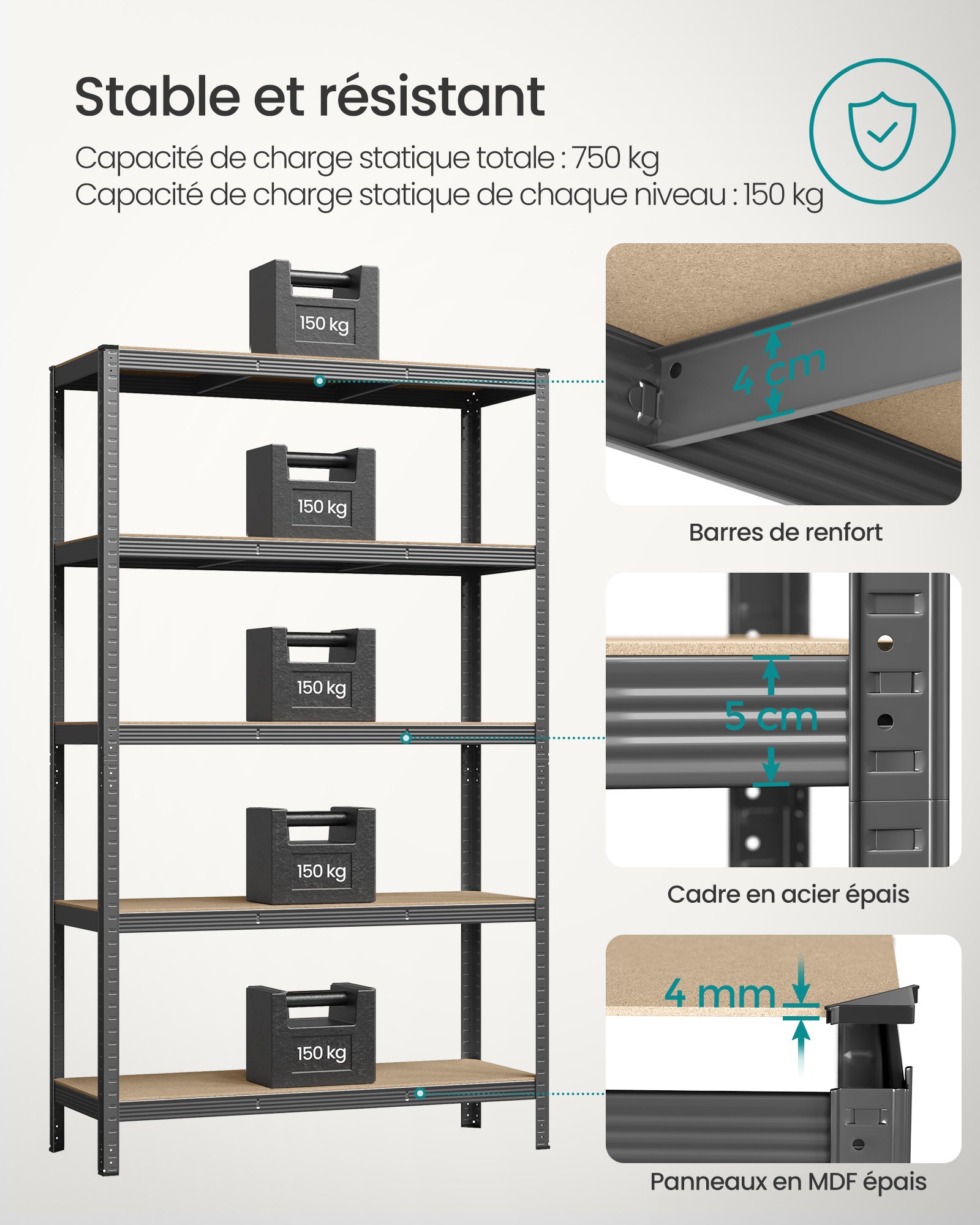 Étagère Charge Lourde à 5 Niveaux, Meuble de Rangement en Acier - Gris - 3