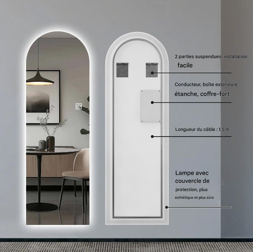 Miroir LED arqué pleine longueur, intensité variable, haute résolution, antidéflagrant, les studios et plus encore - 6