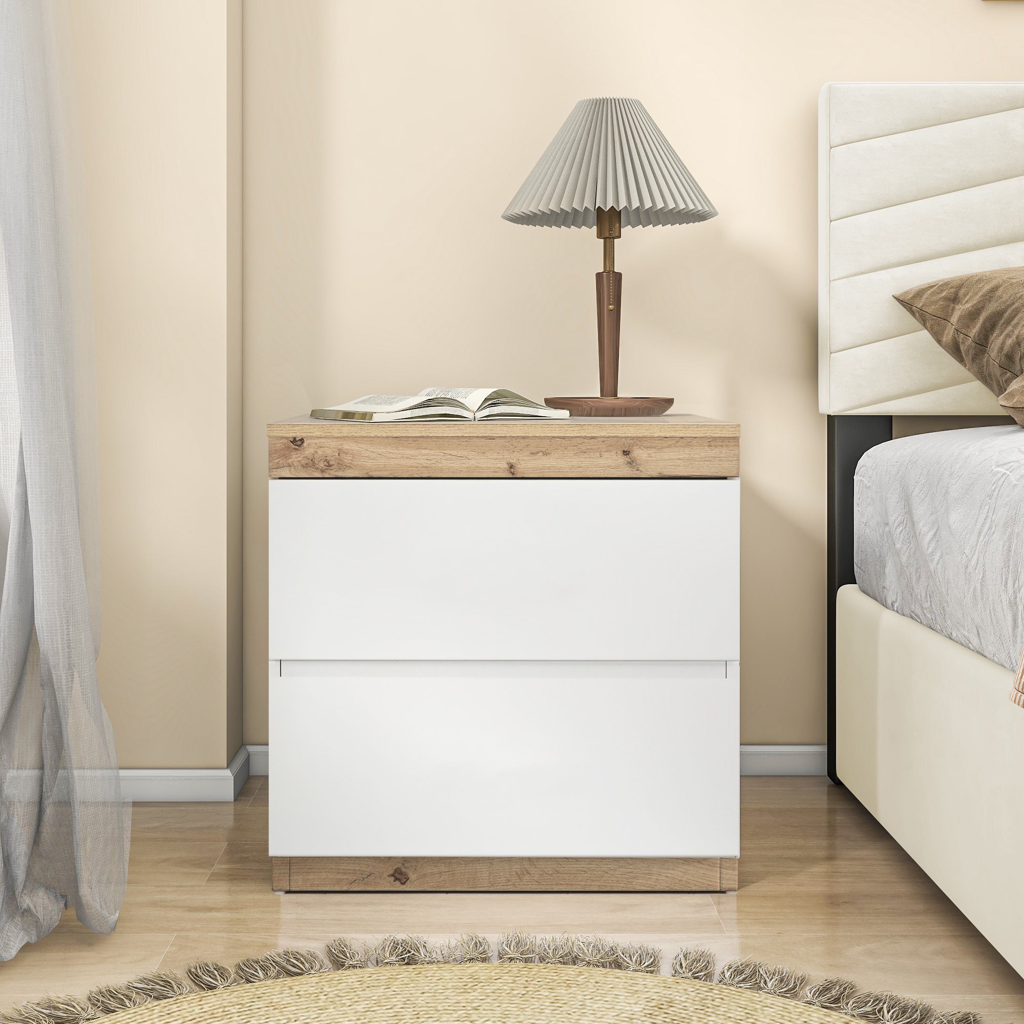 Table de chevet avec 2 tiroirs - style scandinave - Blanc - 3