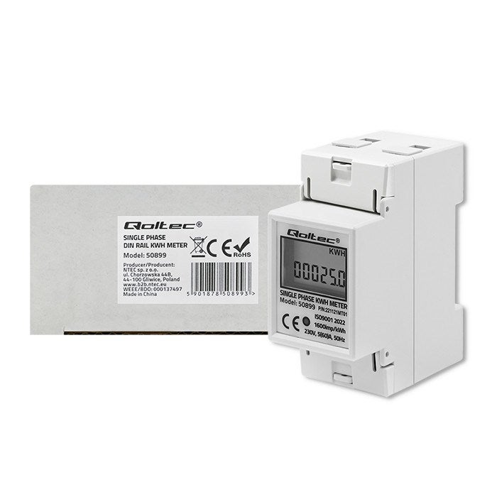Medidor eletrônico de consumo de energia monofásico Qoltec 50899 | 230V | LCD | 2P | Trilho DIN - 7