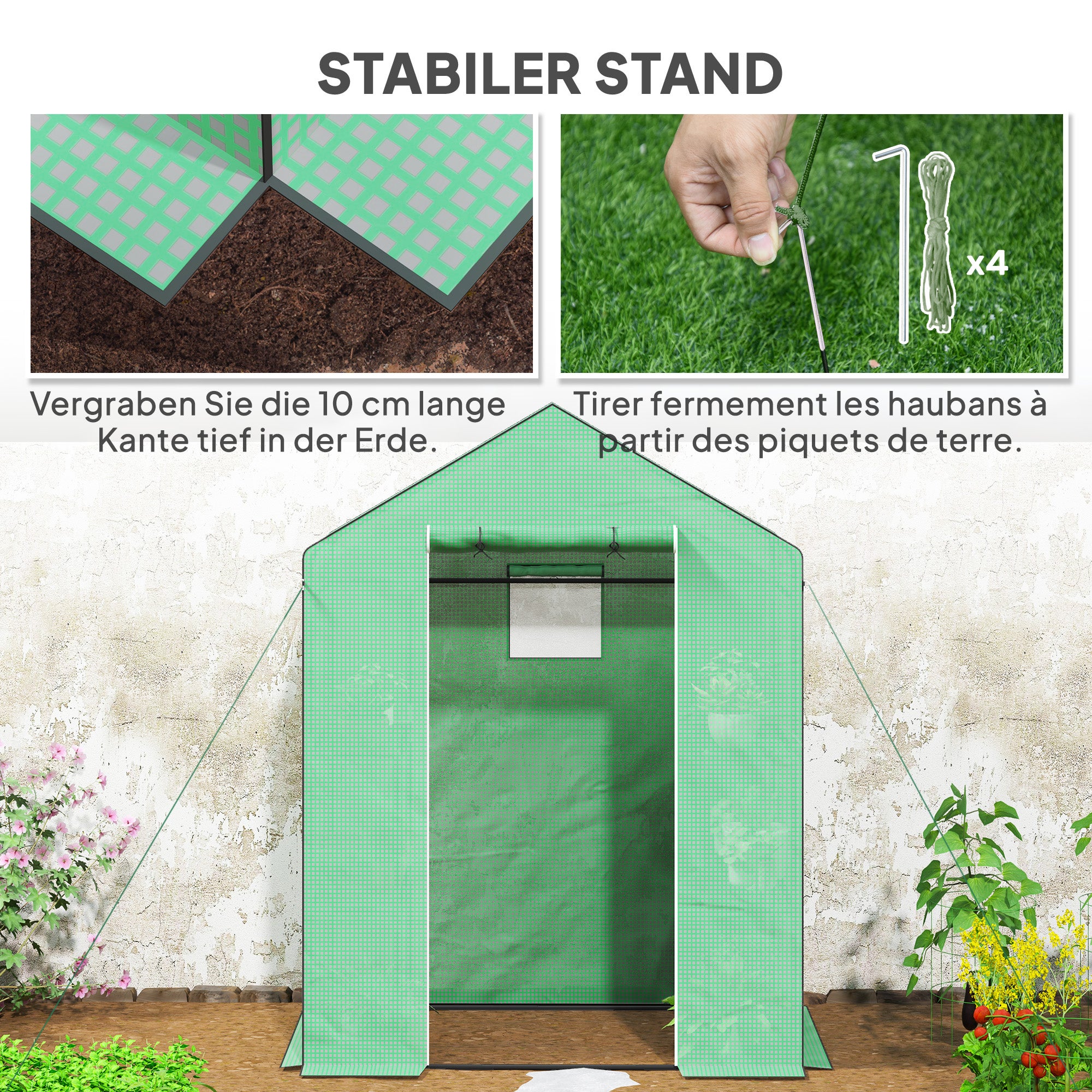 Serra con ripiani, mini serra, resistente ai raggi UV, finestre in rete, porta con cerniera, 143 cm (L) x 74 cm (P) x 190 cm (A), verde - 8