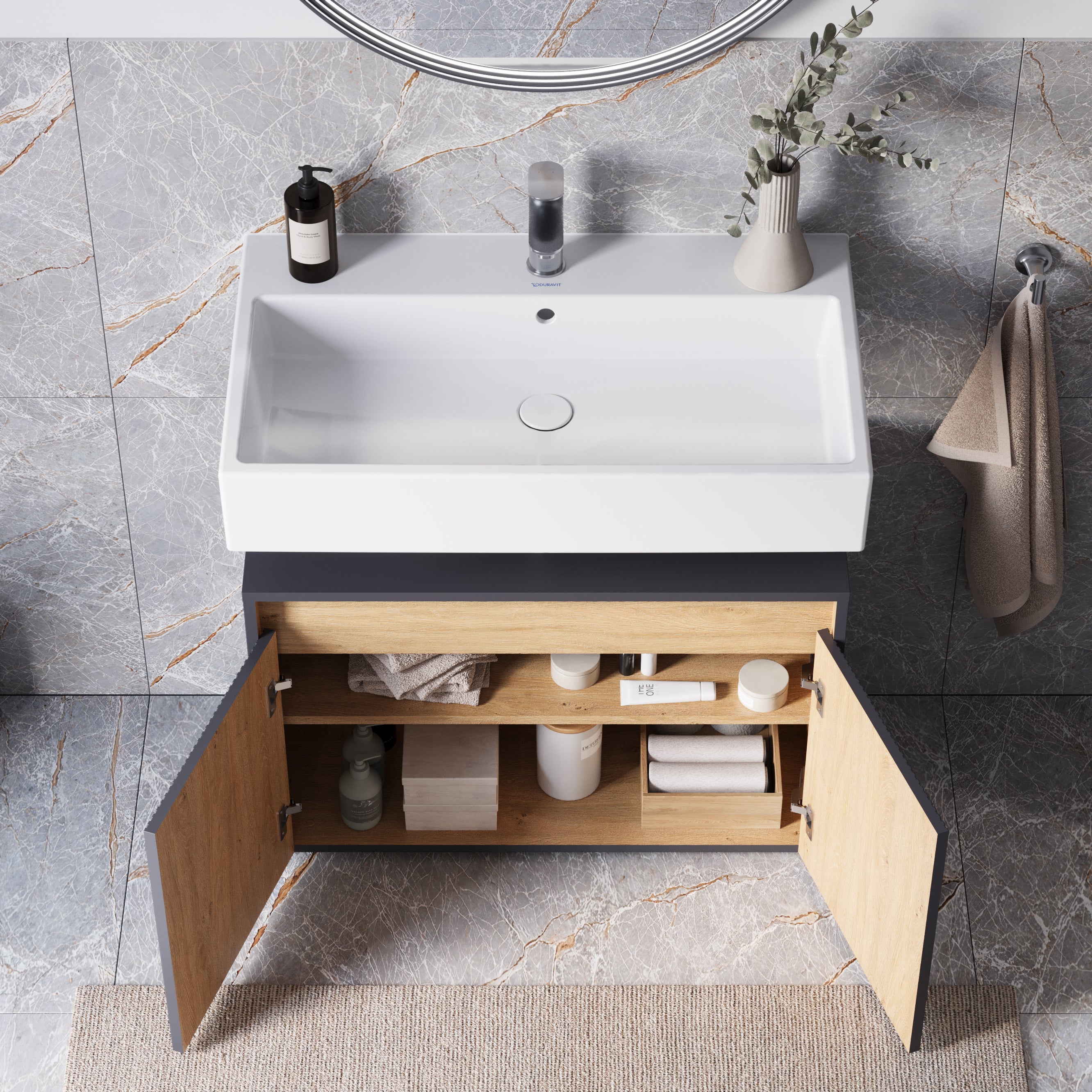 BERNSTEIN - Meuble sous vasque à poser MDF Anthracite mat 80x35x54cm (LxPxH) + 2 portes - BELDIVO - 3