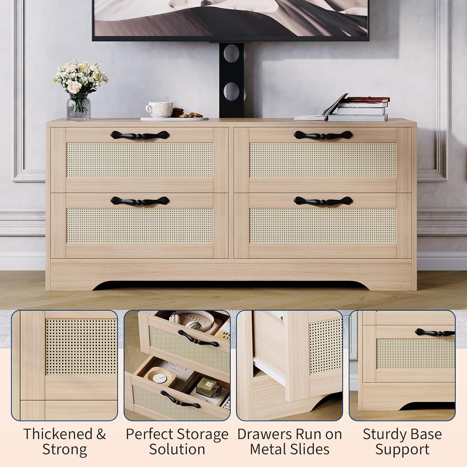 Meuble TV,Support TV avec Support Réglable, rangement TV avec Portes Rotin naturel,4 grands tiroirs,pour Salon Ou Chambre - 6