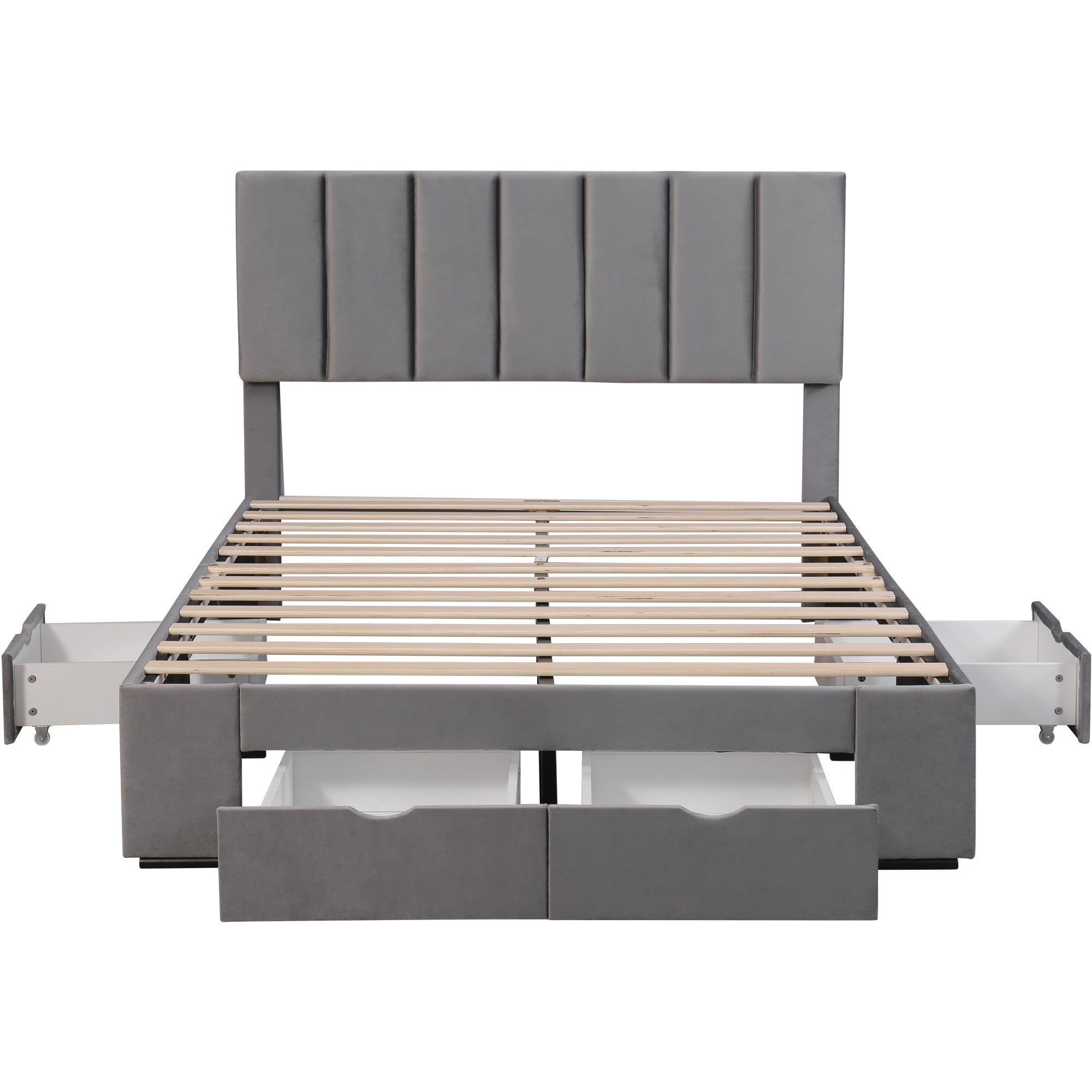 Cama con cabecero - 140 x 200 cm - 4 cajones - terciopelo - somier de láminas - color gris - 5