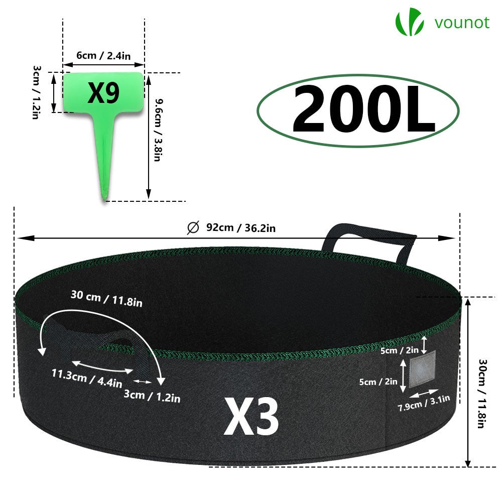 Lot de 3 sacs de plantation non tisse 200L avec poignee Noir VOUNOT® - 2
