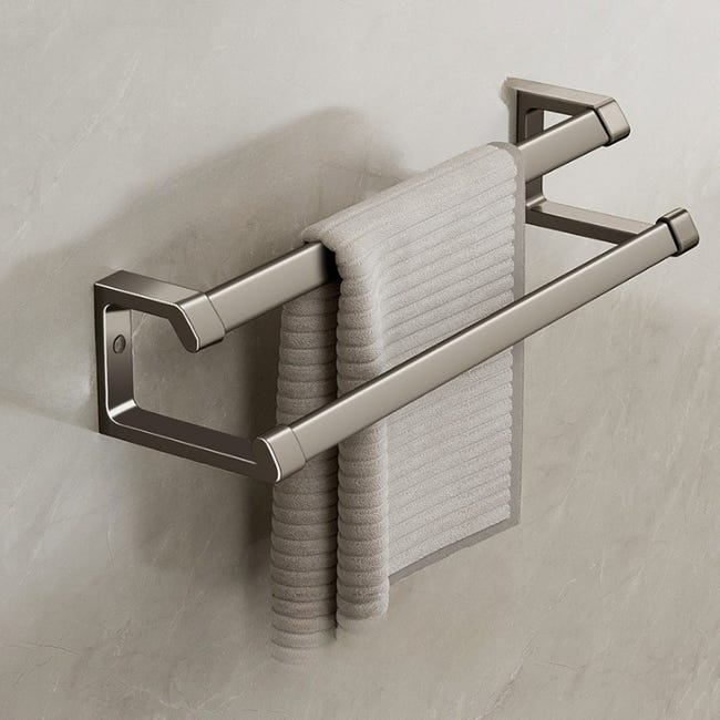 40 cm, szary, ścienny wieszak na ręczniki, uchwyt na ręczniki łazienkowe, podwójny drążek, nie wymaga wiercenia, wykonany z aluminium.