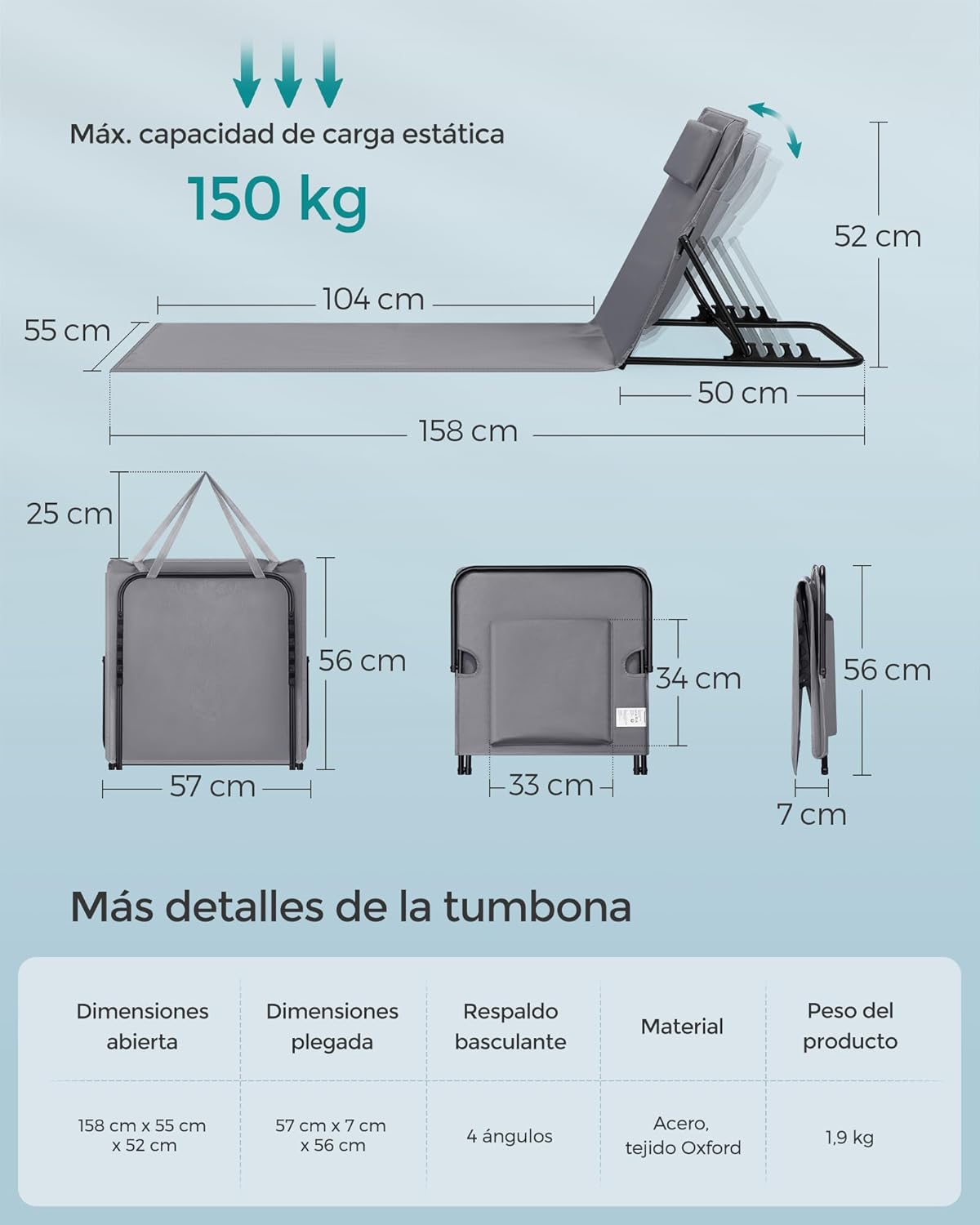 Juego de 2 Tumbonas de Playa, Tumbona, Respaldo Basculante, Portátil con Asa, para Camping Jardín Piscina, 158 x 55 cm, Gris Pizarra - 6