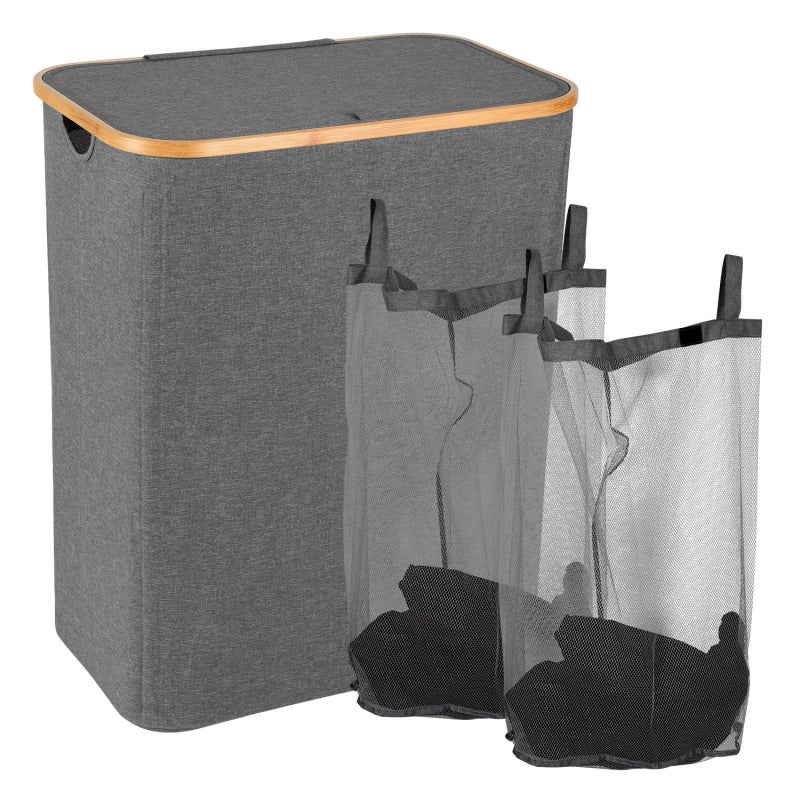 Panier à Linge 140 L 3 Compartiments – Tissu Oxford + Bambou, Pliable, Couvercle, Poignées, Pour Buanderie Ou Chambre (Noir)