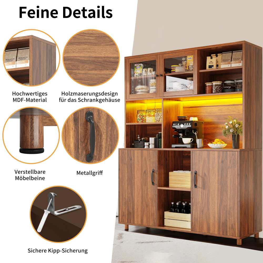 Armoire haute LED 140x40x185cm meuble salon cuisine buffet couleur noyer rétro portes coulissantes en verre rangement - 7