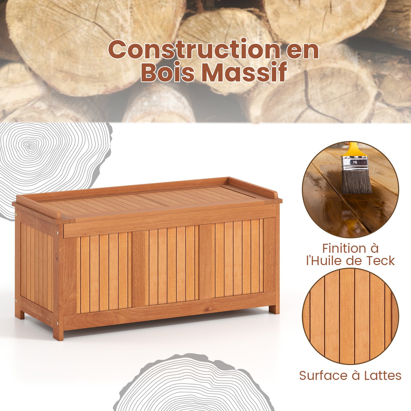 Coffre de Jardin Extérieur en Bois Dur 220L, avec Couvercle Rabattable, Organisateur pour Rangement des Outils pour Patio, Cour, Charge 150 KG - 4