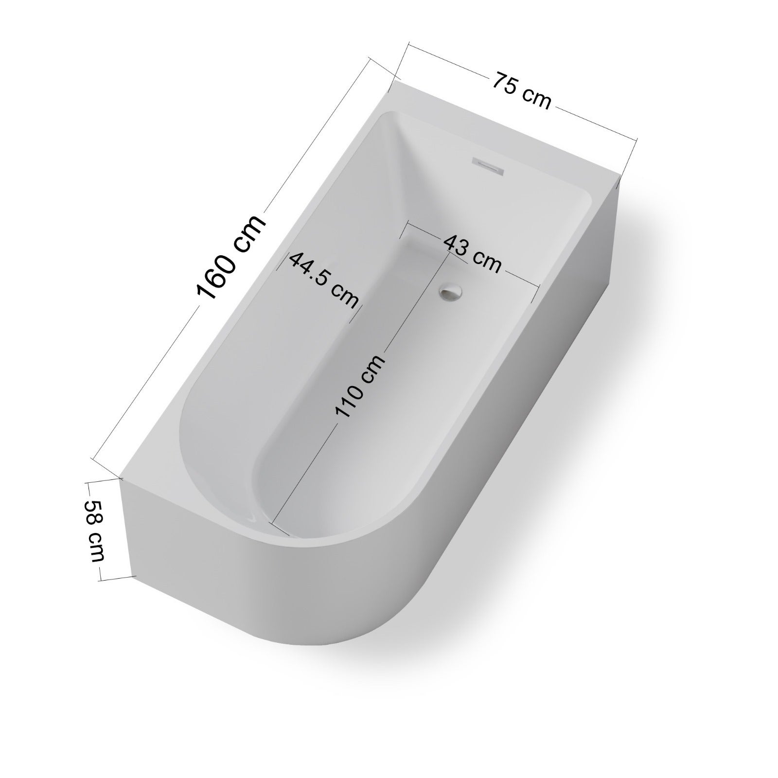 Wanna wolnostojąca przyścienna NAROŻNA PULA PRAWA 160 x 75 cm biała system przelewowy AKCESORIA ZŁOTE (KOREK I PRZELEW) - 2