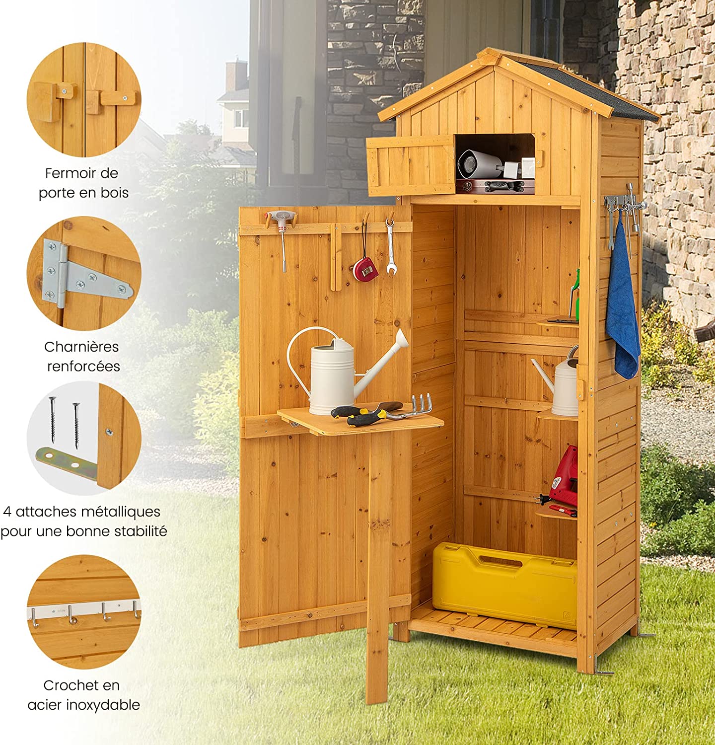 Armadio da Esterno in Legno, Casetta da Giardino con Serratura, Tavolino Pieghevole e Ganci, Capanni da Esterno per Patio, Giardino e Cortile, - 3