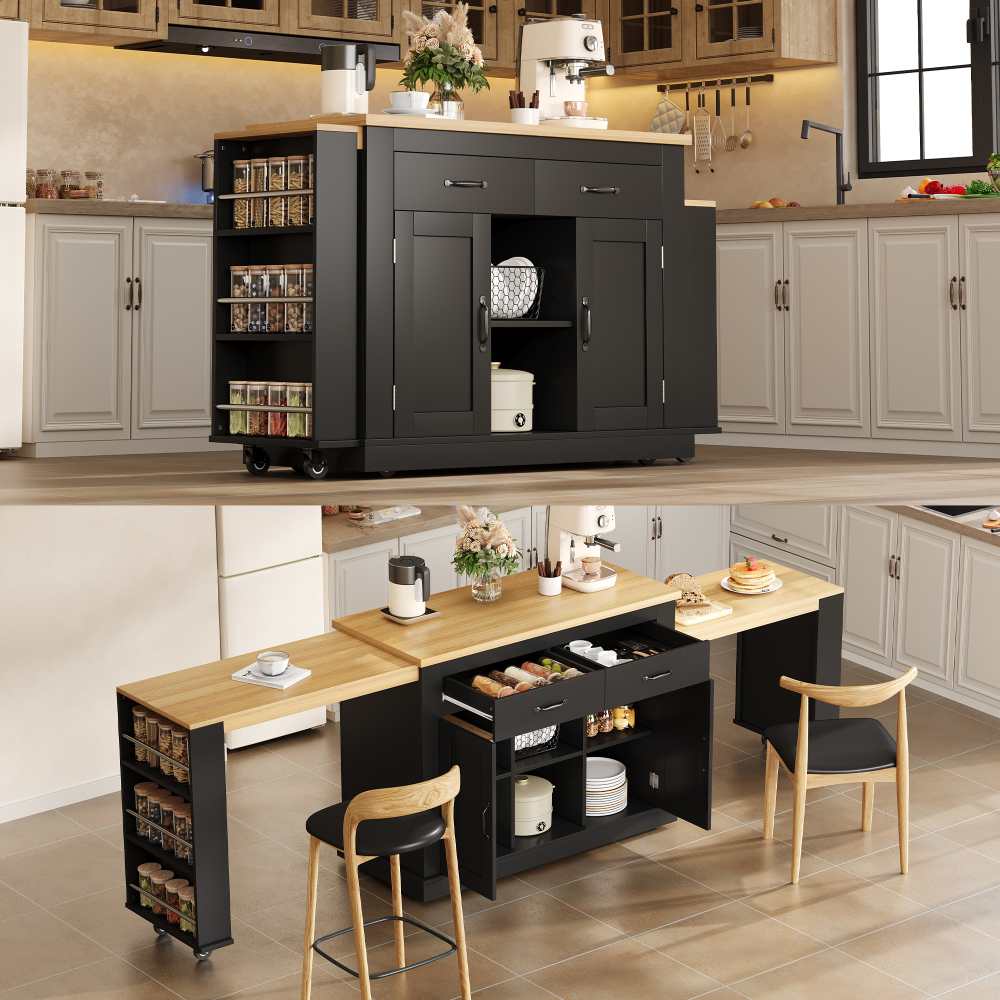 Isla cocina móvil con 2 encimeras extensibles, estantes regulables, 2 tomas & 2 usb, 142-340x55x93cm, ideal para cocina/salón