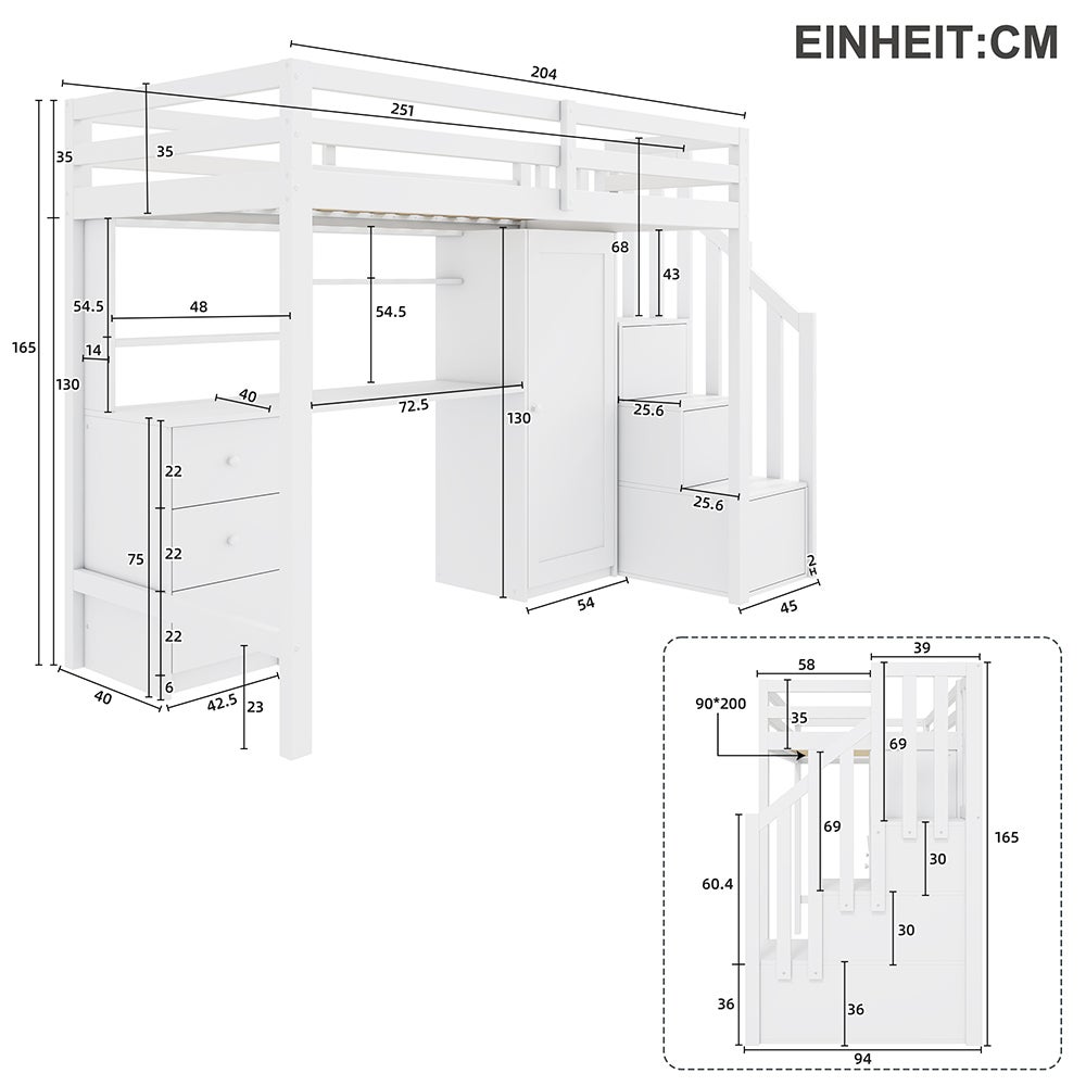 Avec bureau et armoire, escalier, lit superposé pour enfants, avec tiroirs et armoire d'escalier, 90*200 cm, blanc - 3