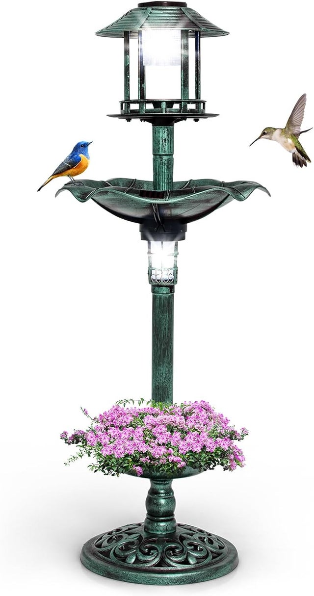 Bain d'oiseaux sur Pied Solaire, Mangeoire Oiseaux Extérieur avec 2 Lampes à Energie Solaire, Support Remplissable, 3 Piquets pour Jardin, Cour