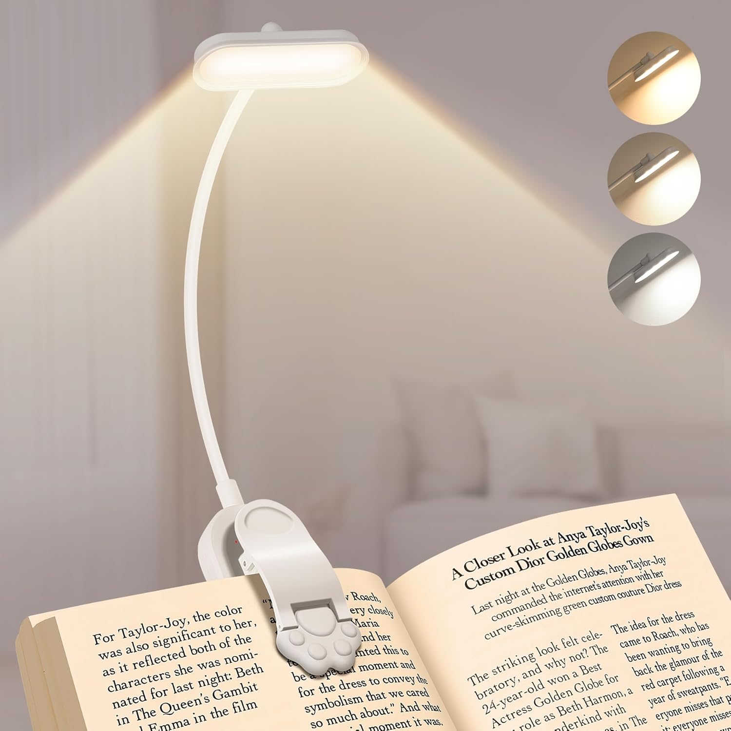 Elastyczna lampa do czytania z klipsem 360°, lampka do czytania z akumulatorem USB-C, z 16 diodami LED, ciągłą jasnością i 3 temperaturami barw, lampk