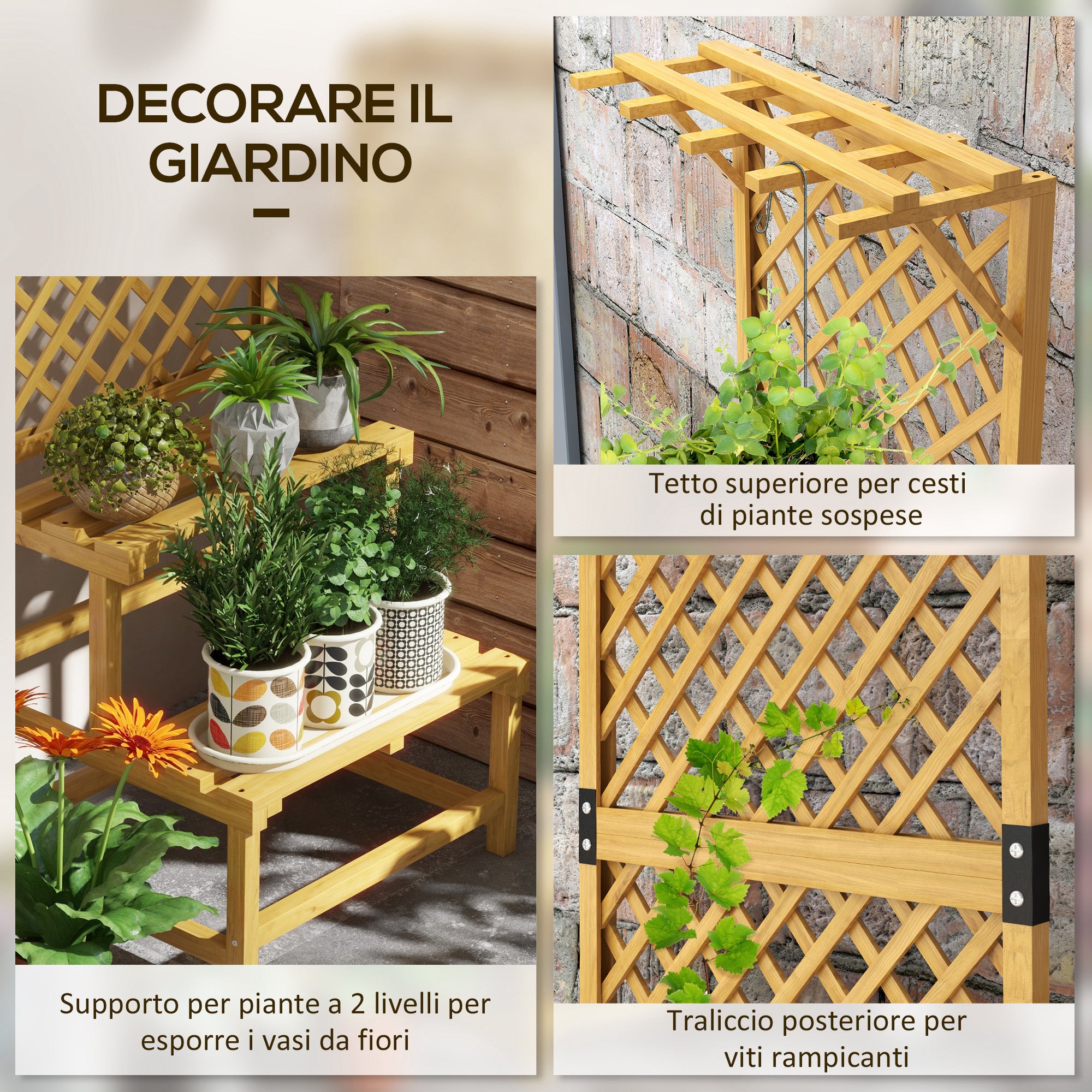 Outsunny Fioriera con Grigliato a 2 Livelli con Tetto e Ripiani a Doghe, in Legno di Abete, 60x50x166 cm - 4