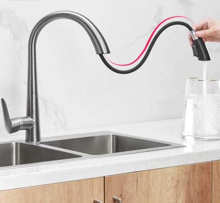 Miedziana bateria kuchenna z funkcją wysuwanego spryskiwacza - 23x46 cm, odpowiednia do zlewozmywaków kuchennych i do mycia warzyw