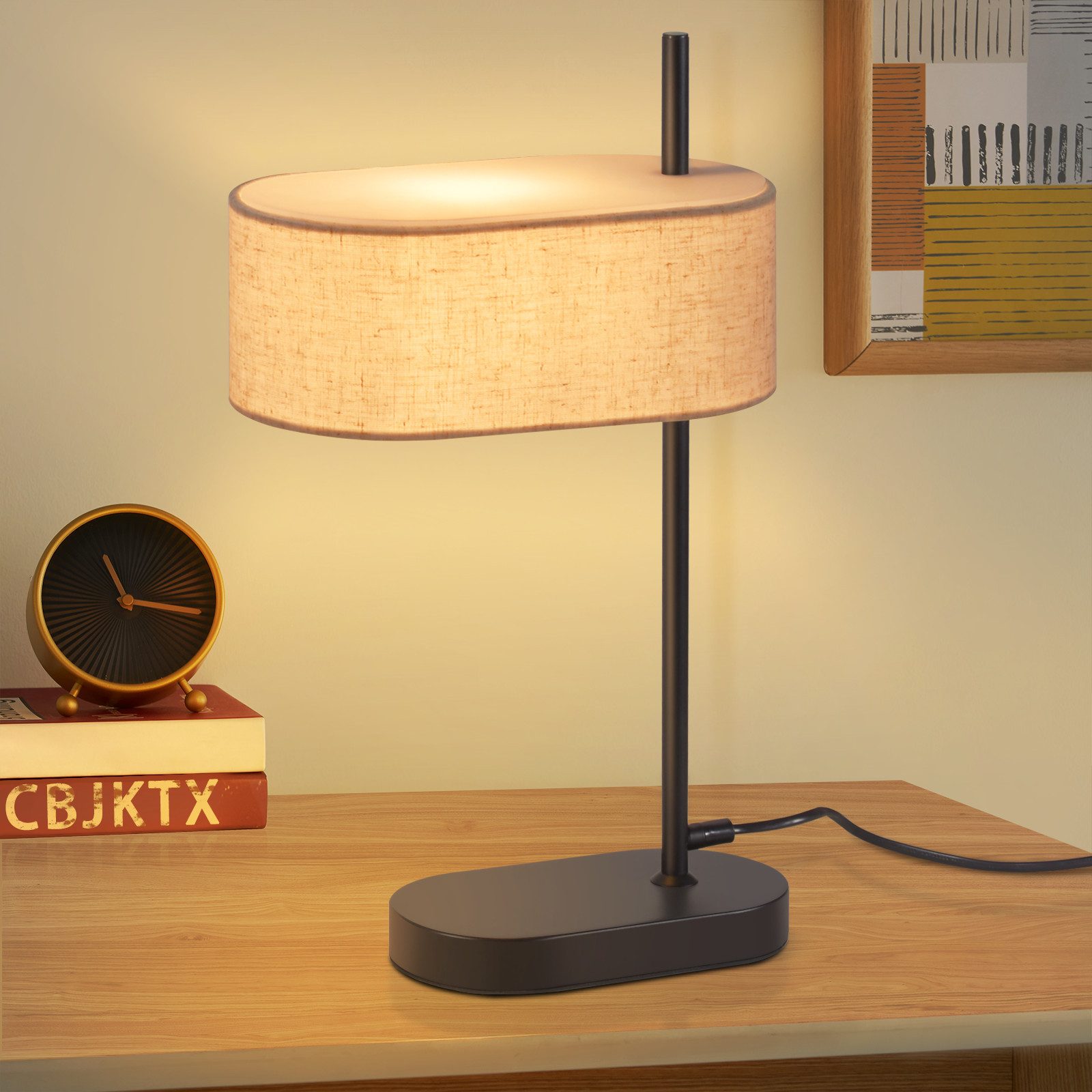 ZMH Lampa stołowa do salonu, 44,5 cm, oprawka E14, czarna, lampka nocna z abażurem z tkaniny lnianej