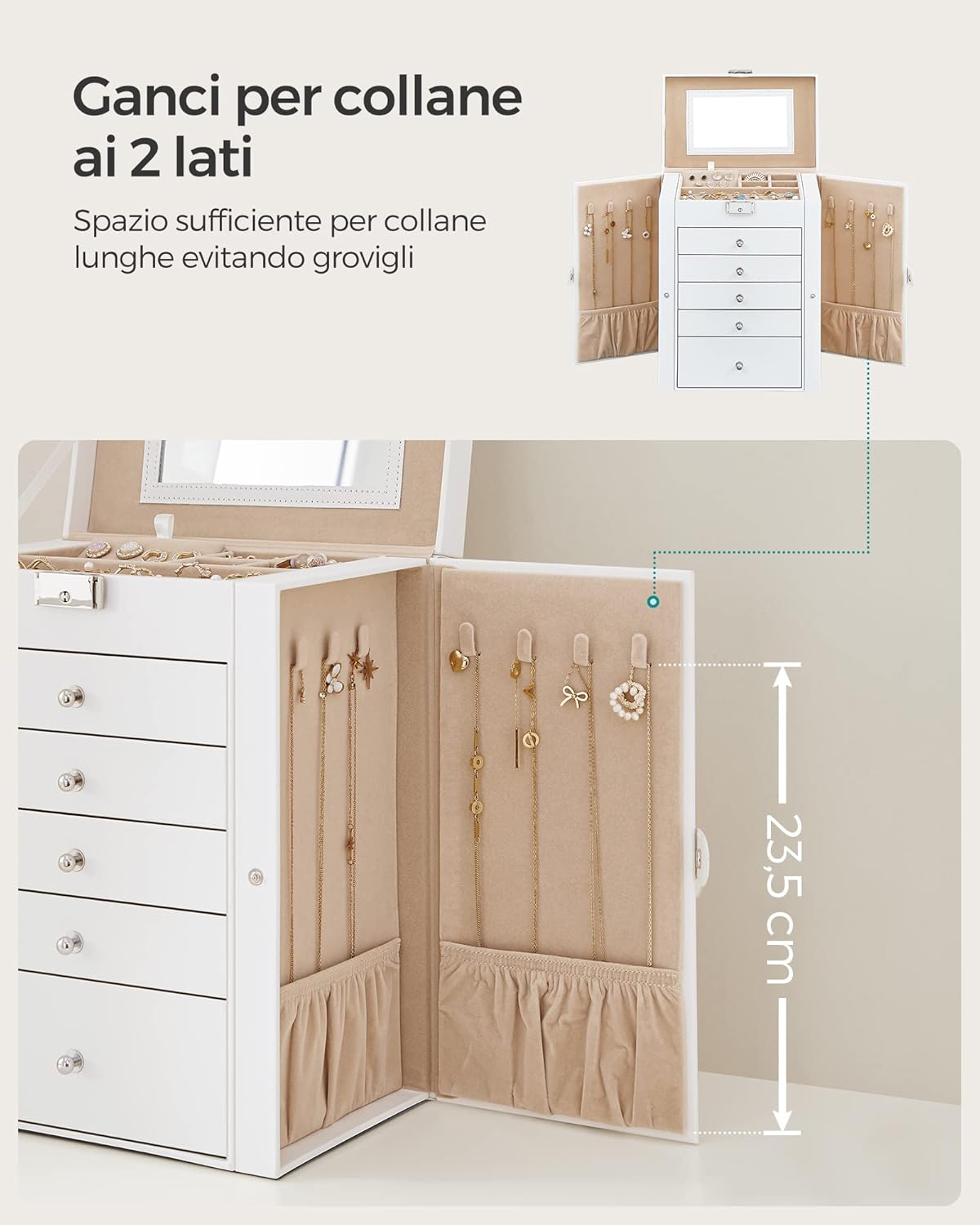 Scatola Portagioie 6 livelli, 5 cassetti, specchio interno, chiusura a chiave, idea regalo, per orologi, bianco, Regalo Natale - 5