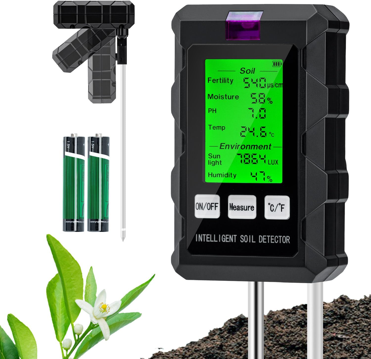 Tester de pH al solului 6 în 1, tester pentru umiditate/fertilitate/pH/temperatură/lumină/umiditate ambientală