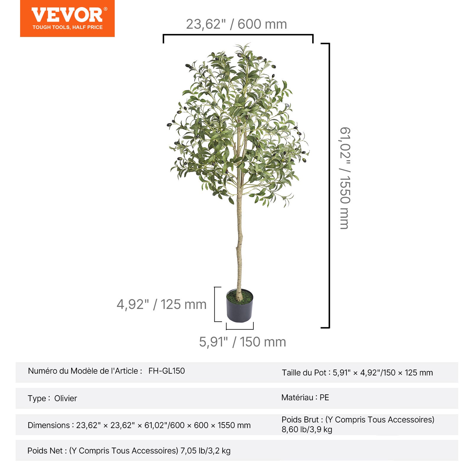 Arbre Olivier Artificiel 155 cm VEVOR, Plante Décorative en PE Réaliste à Branches Ajustables avec Pot, Entretien Facile, pour Maison Bureau Hôtel - 7