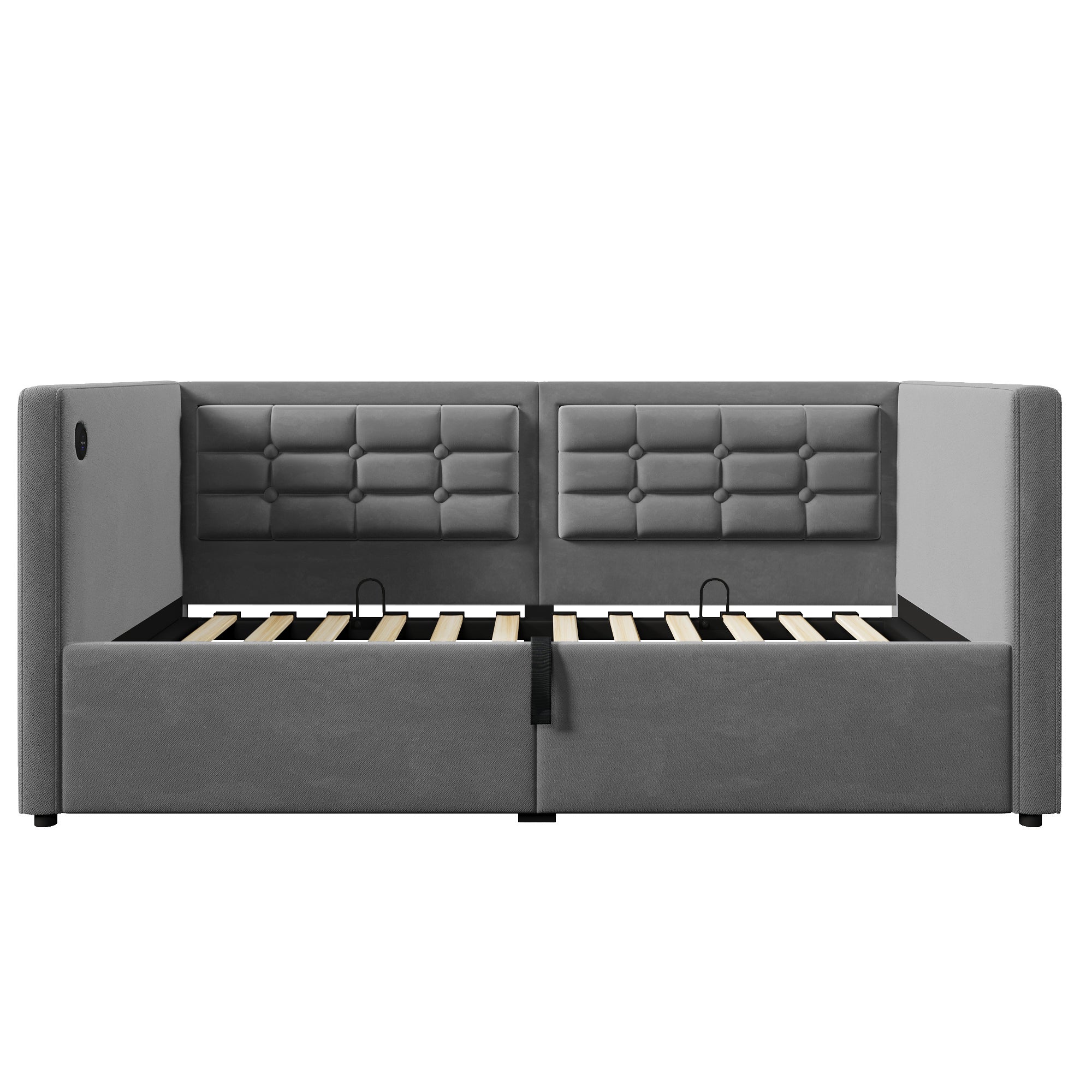 Rozkładana sofa 90 x 190 cm, wyposażona w hydrauliczny schowek oraz porty ładowania USB i Type-C, szara, aksamit. - 5