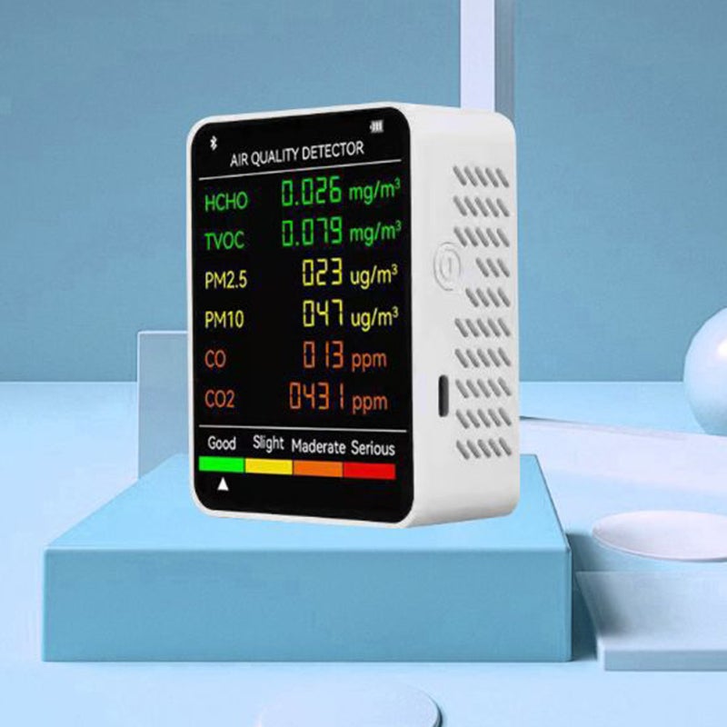 Monitor de calidad del aire multifuncional 6 en 1, detecta PM2.5, PM10, HCHO, TVOC, CO, CO2, pantalla LCD grande, portátil para hogar, oficina, hotel - 7