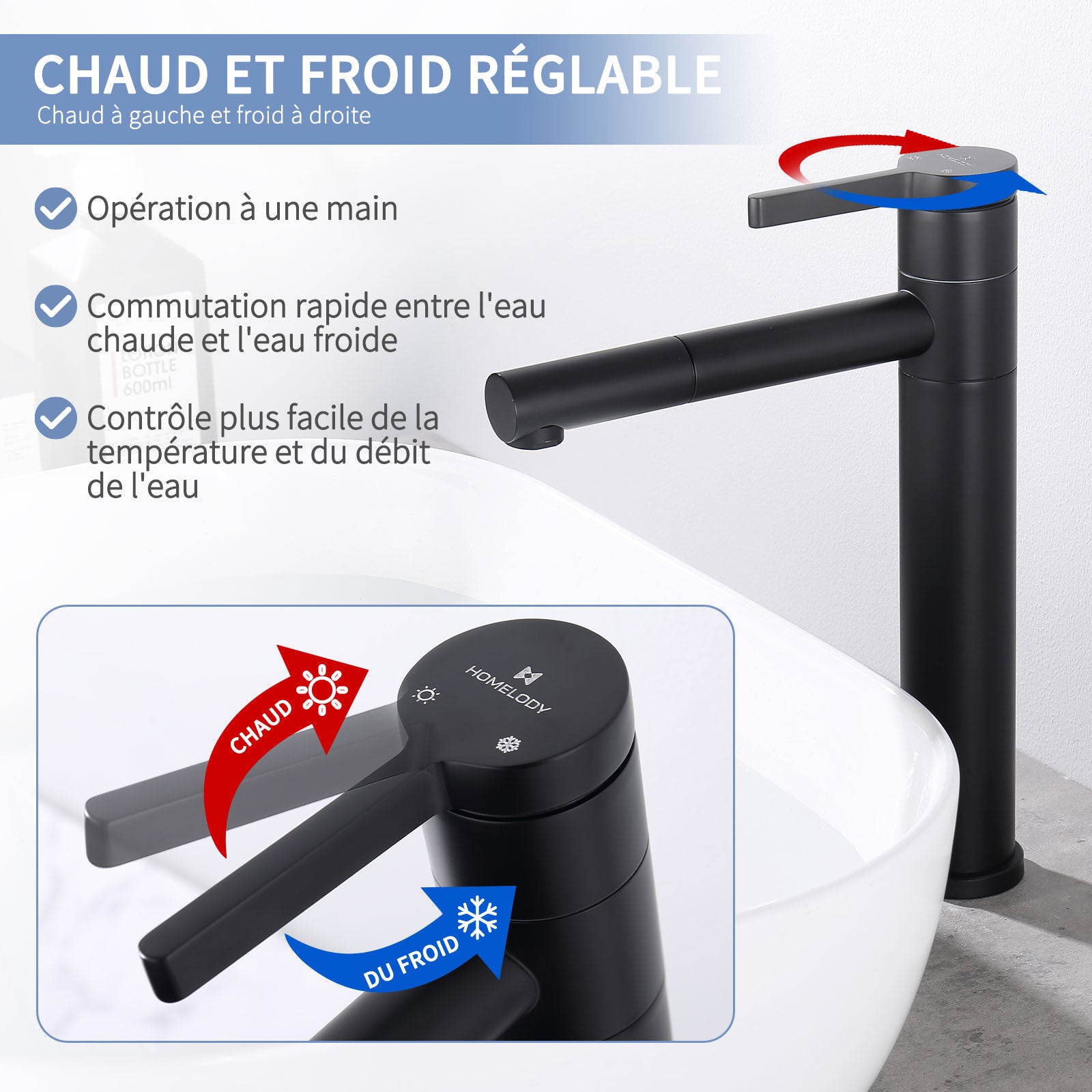 Mitigeur de Lavabo Noir Haut Bec Robinet de Salle de Bain Pivotant 360° Robinetterie de Lavabo pour Vasque en Acier Inox - 2