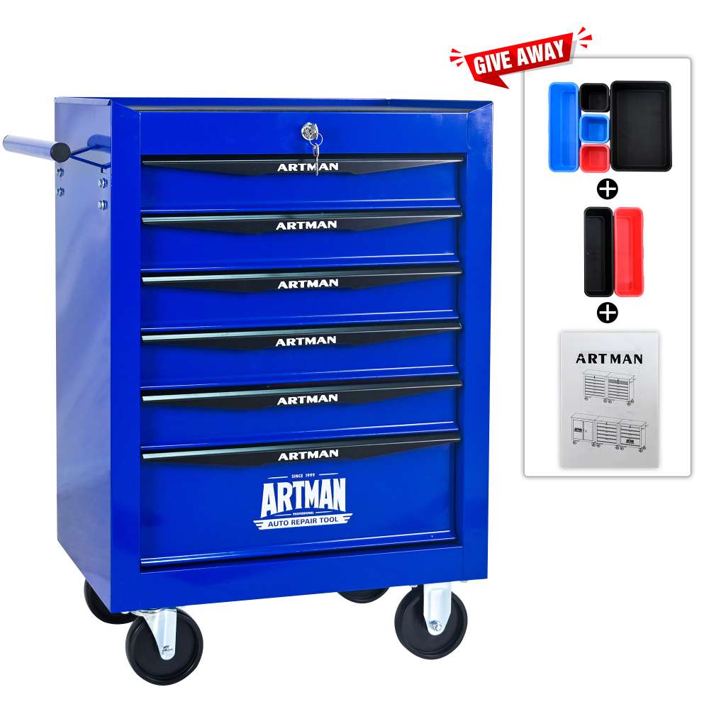 Caisse à outils roulante 6 tiroirs, glissières à billes, boîte en acier, organiseur, noir et bleu. - 4