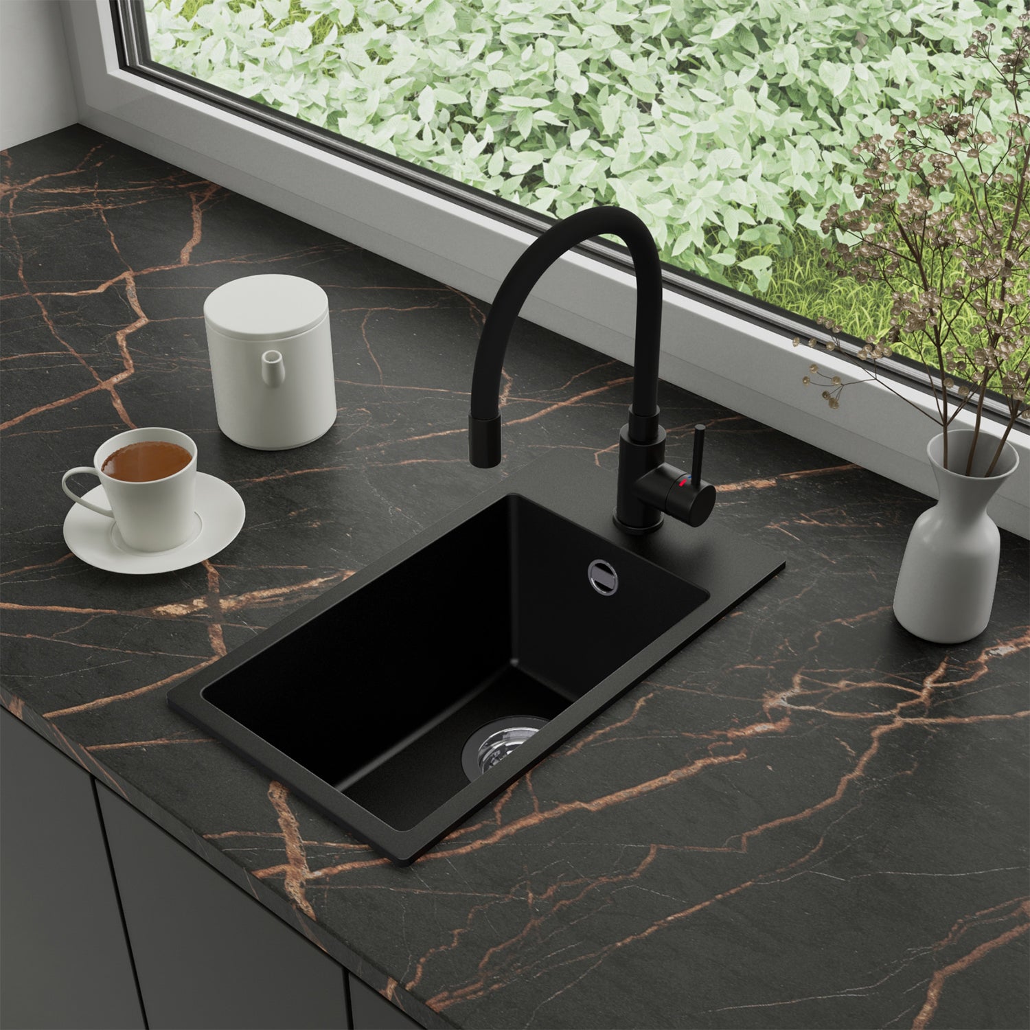 Zlewozmywak Granitowy 28x50cm, do szafki od 30cm + Bateria + Syfon - Amber Czarny STONESTYLE