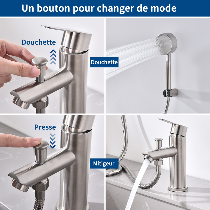 Mitigeur Salle de Bain Brossé Robinet de Douche avec Pommeau et Flexible Kit de Robinet Monotrou à Double Usage - 2