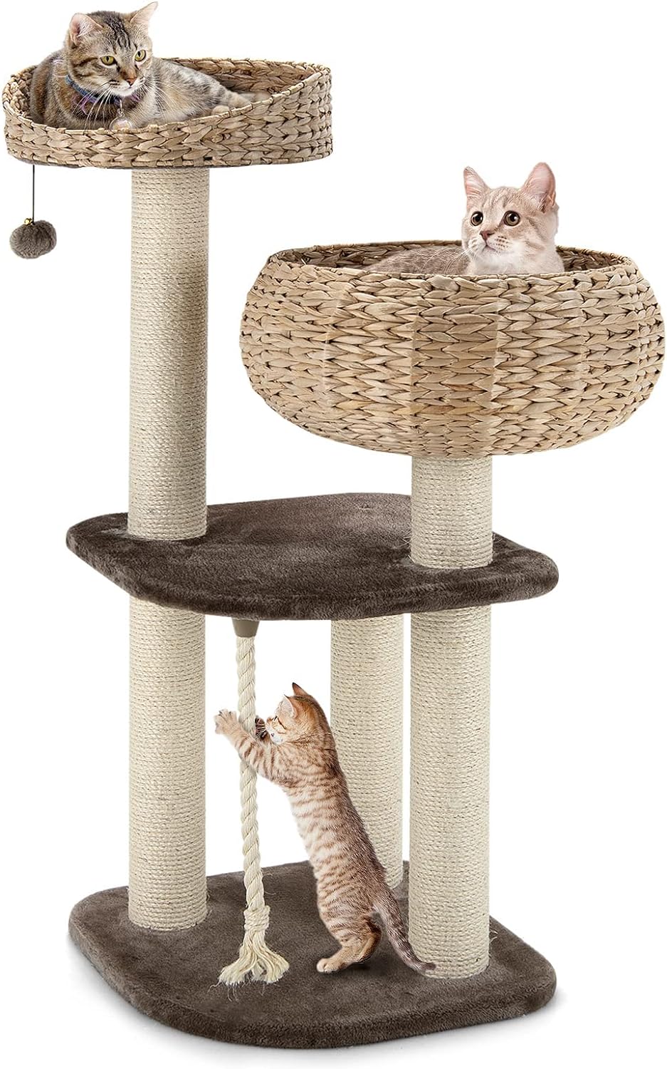 Arbor de pisică 104 CM în togul de masetă, 4 niveluri, cu platforme, nișă, pui din sisal, pernă suplă, bilă și cordă suspendată