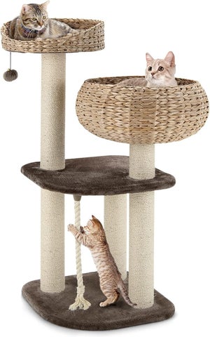 Arbre à Chat En Bois Massif 108 Cm - Avec 2 Paniers, Grotte, Sisal - Pour Grands Chats, Charge 25 Kg