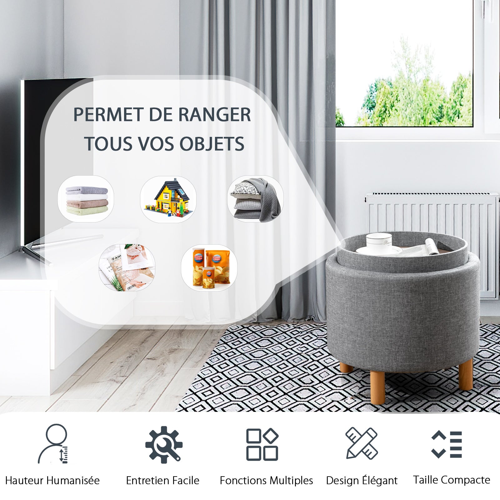 Pouf Rotondo con Contenitore e Vassoio, Poggiapiedi Imbottito con Base in Legno e Piedini Antiscivolo, Tavolino da Caffè per Soggiorno, Camera - 7