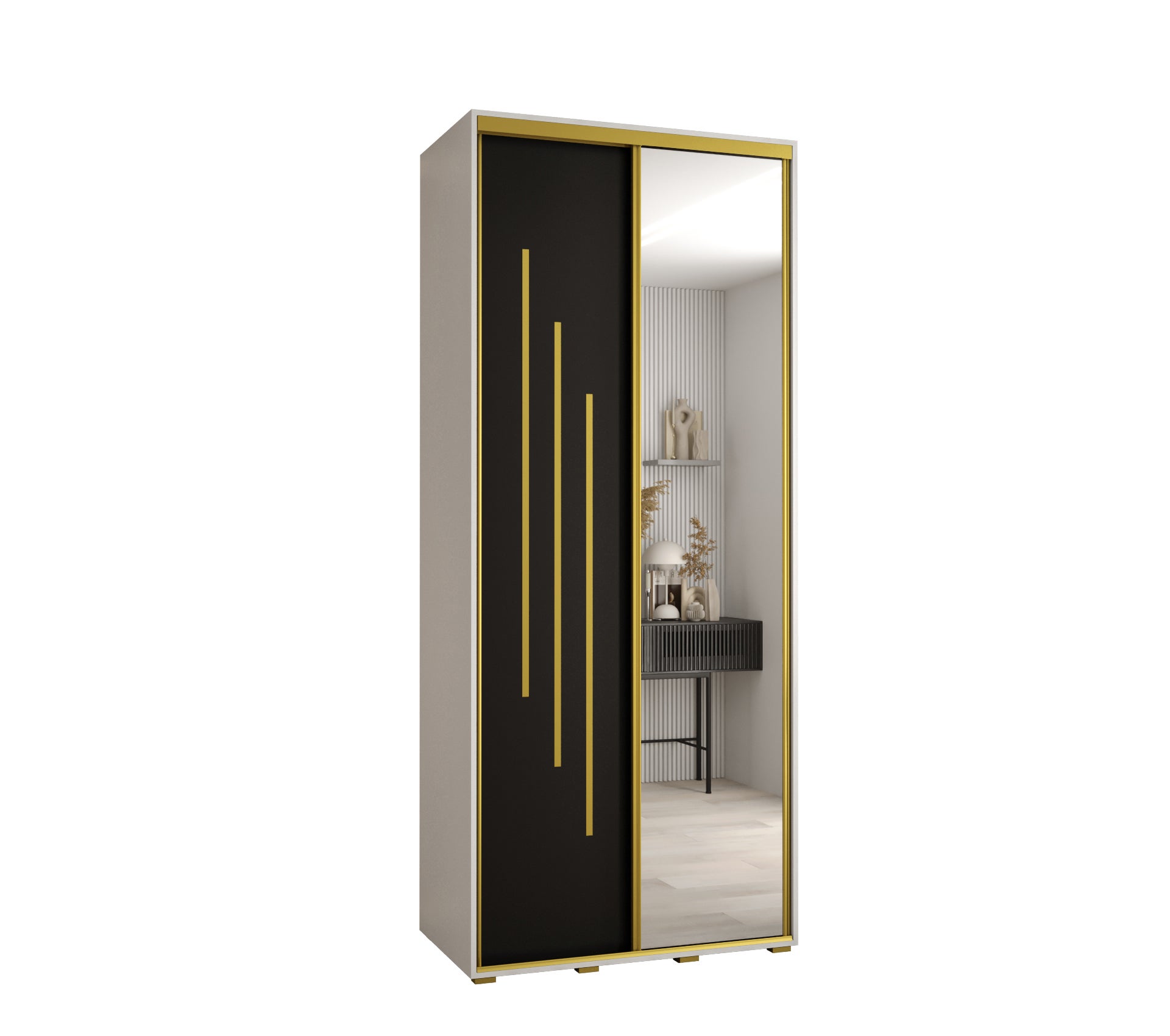 Szafa przesuwna z lustrem wysoka Davos 9 100 x 60 x 235,2 cm biały + czarny + u. złoty - Abiks Meble